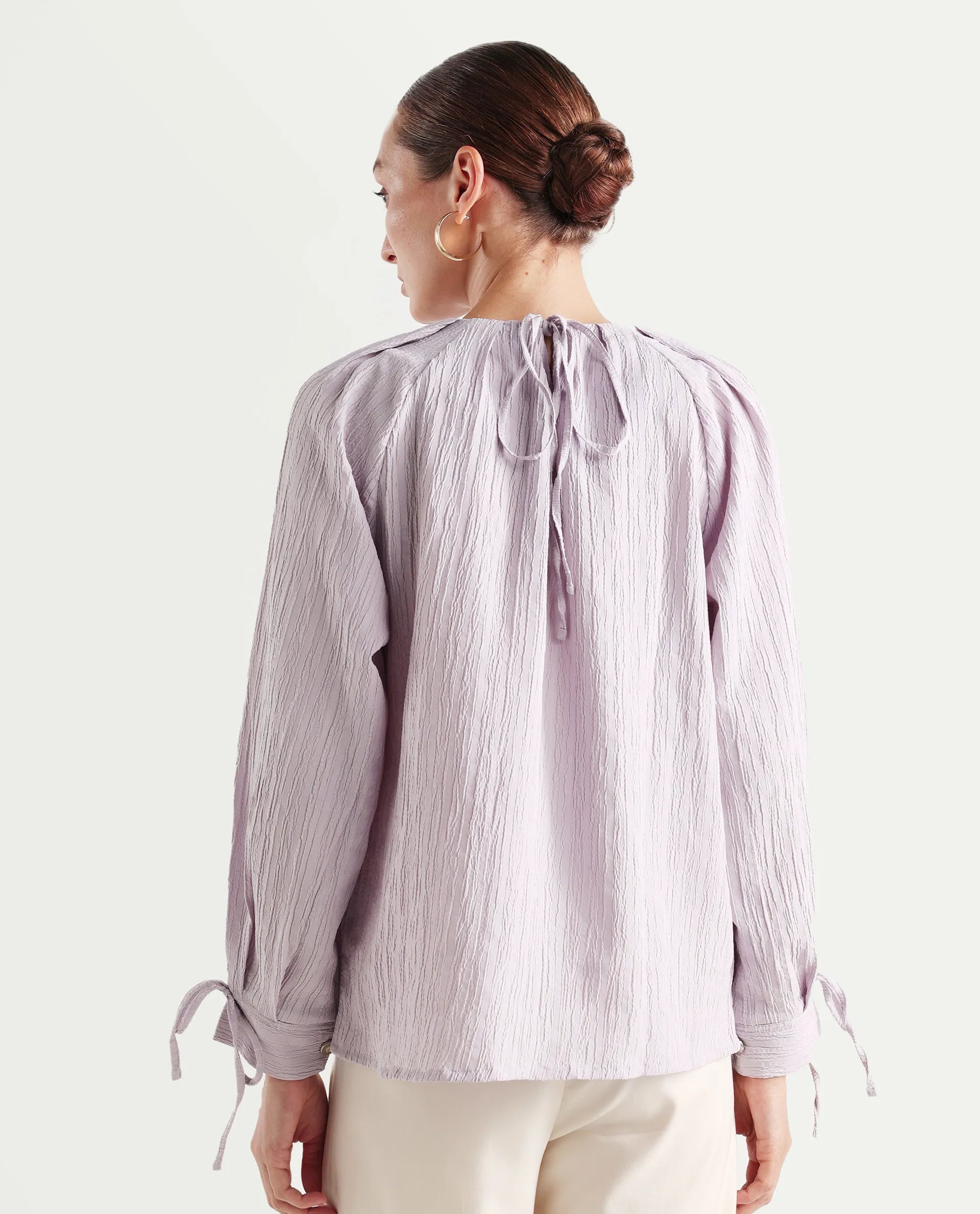 Rareism Women's Serty Grey Polyester Tie-Up Neck Plain Raglan Sleeve Regular Fit Top