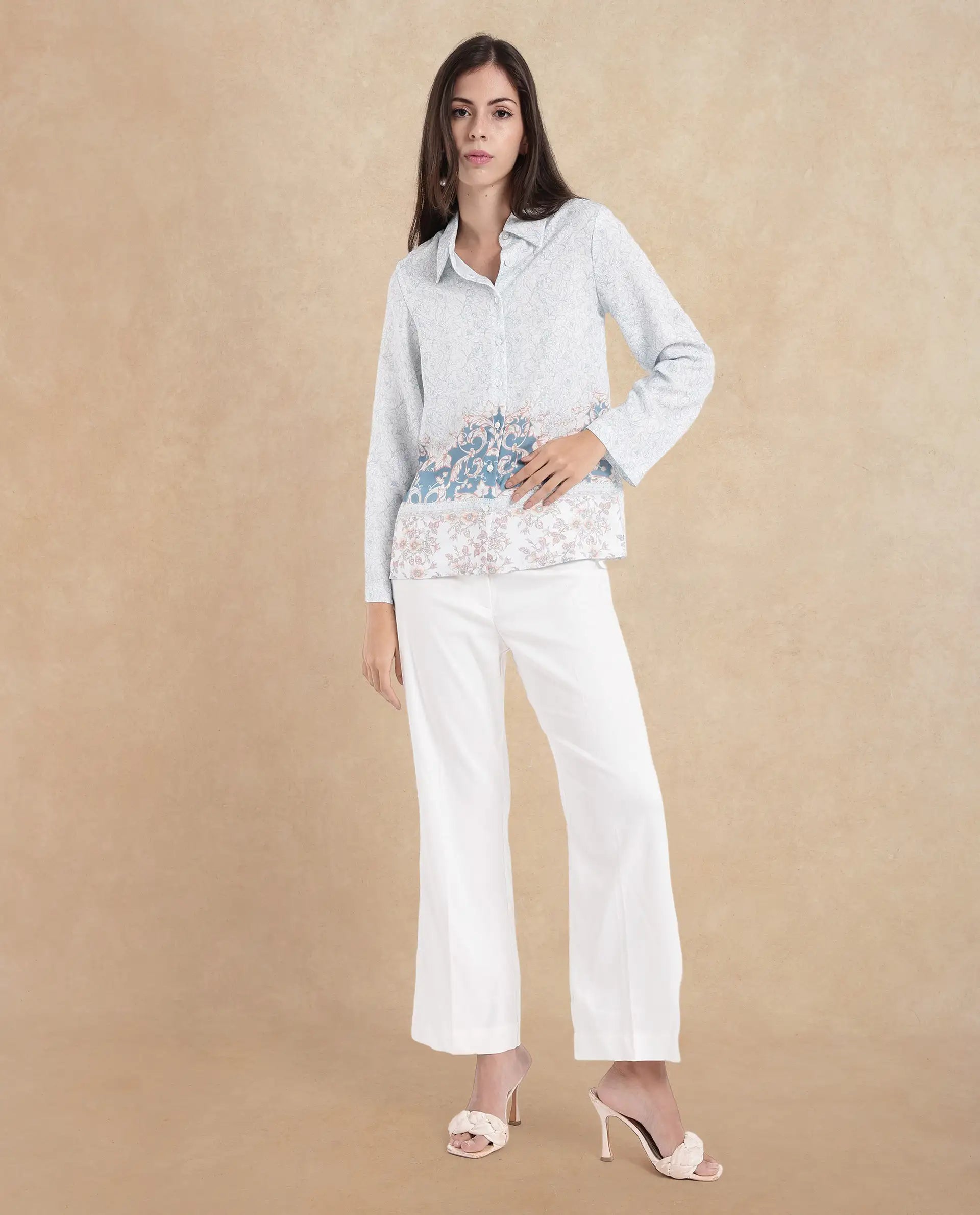 Rareism Women Sesent Light Multi Cuffed Sleeve Collared Neck Abstract Print Top