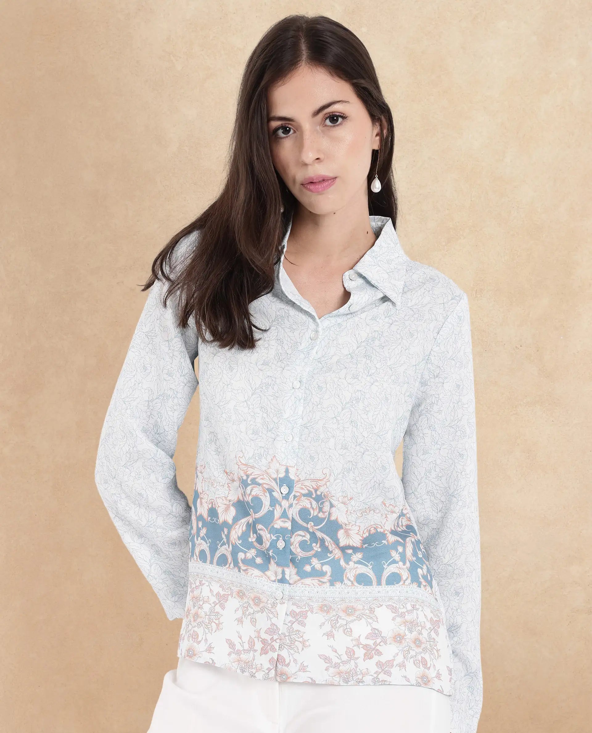 Rareism Women Sesent Light Multi Cuffed Sleeve Collared Neck Abstract Print Top