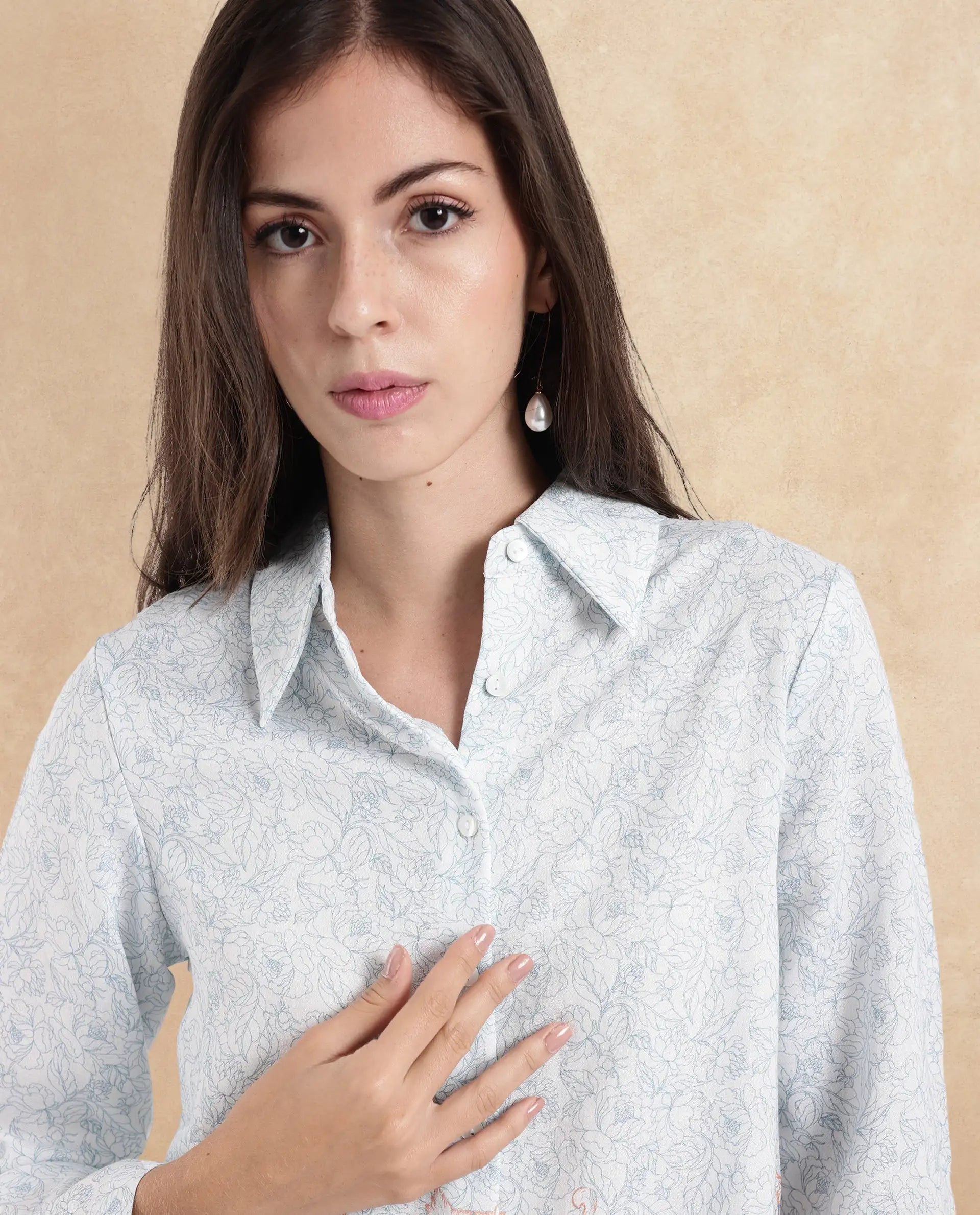 Rareism Women Sesent Light Multi Cuffed Sleeve Collared Neck Abstract Print Top