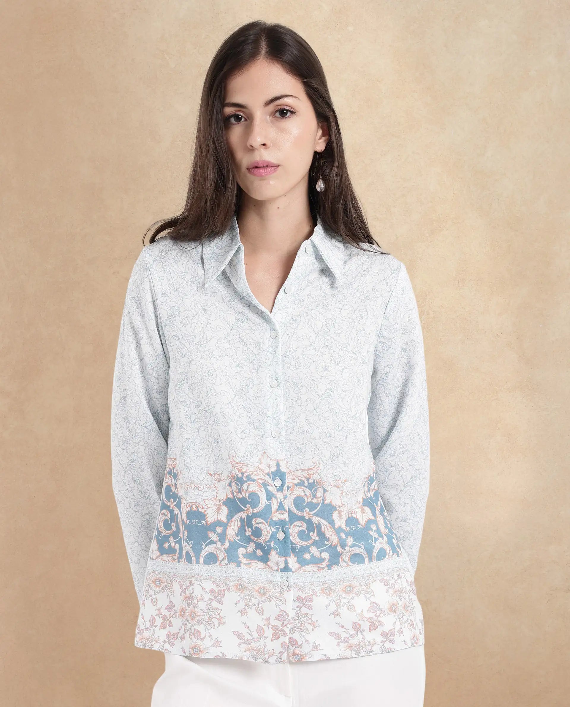 Rareism Women Sesent Light Multi Cuffed Sleeve Collared Neck Abstract Print Top