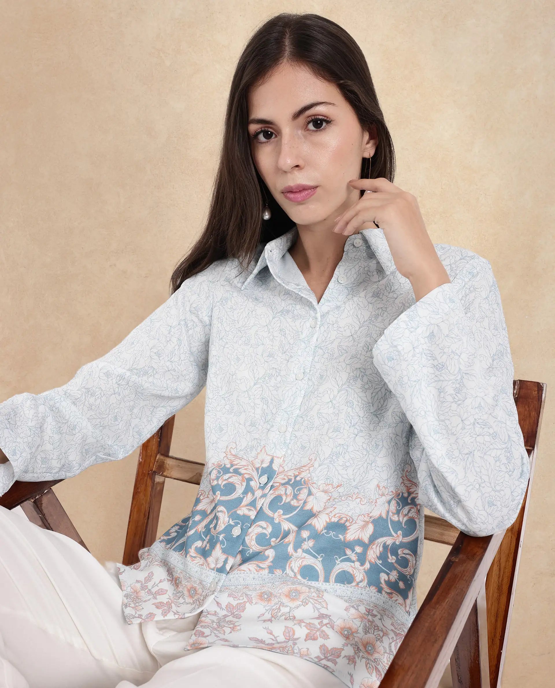 Rareism Women Sesent Light Multi Cuffed Sleeve Collared Neck Abstract Print Top