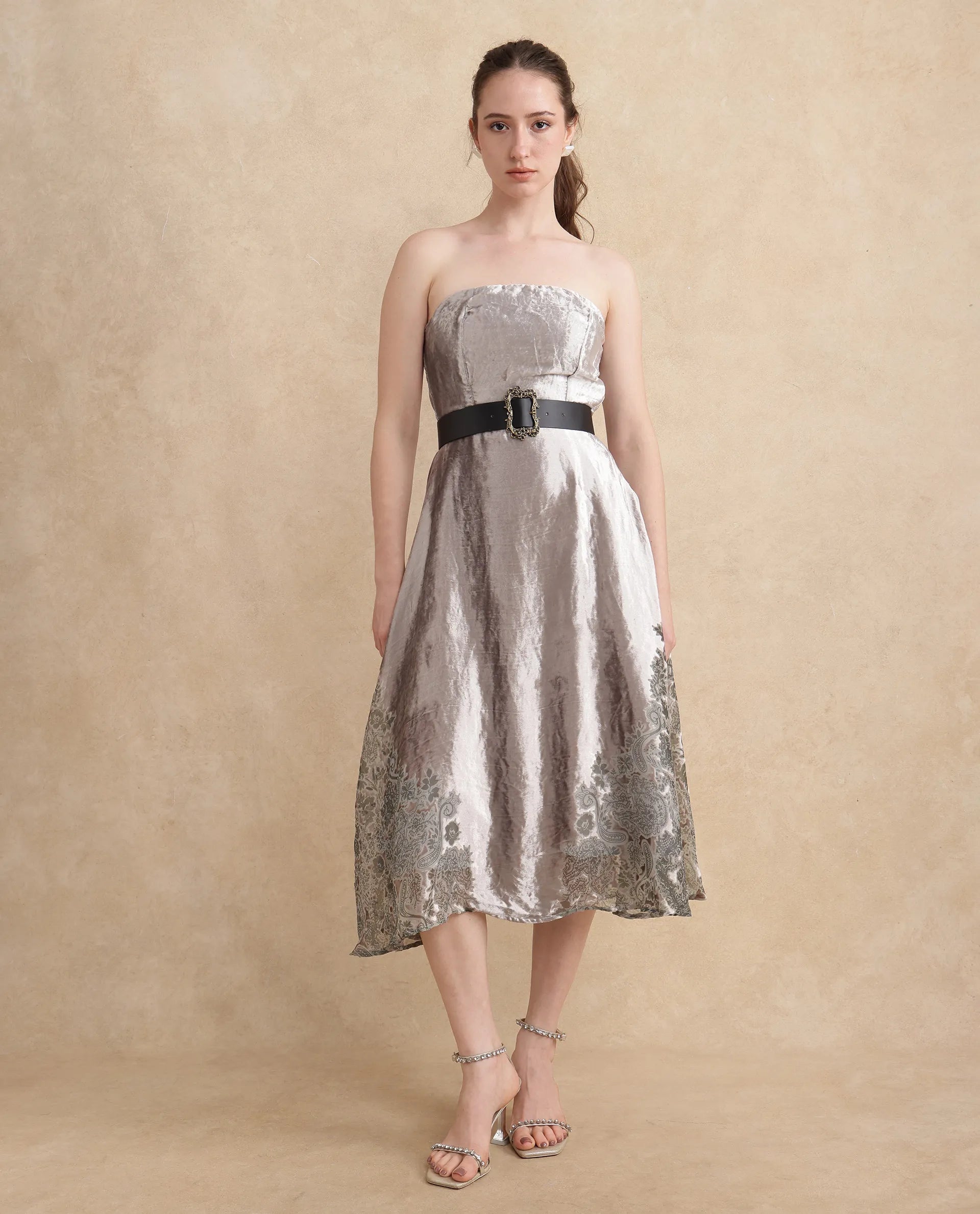 Rareism Women Seson Light Silver Tube Neck Zipper Closure Fit And Flare Midi Abstract Print Dress