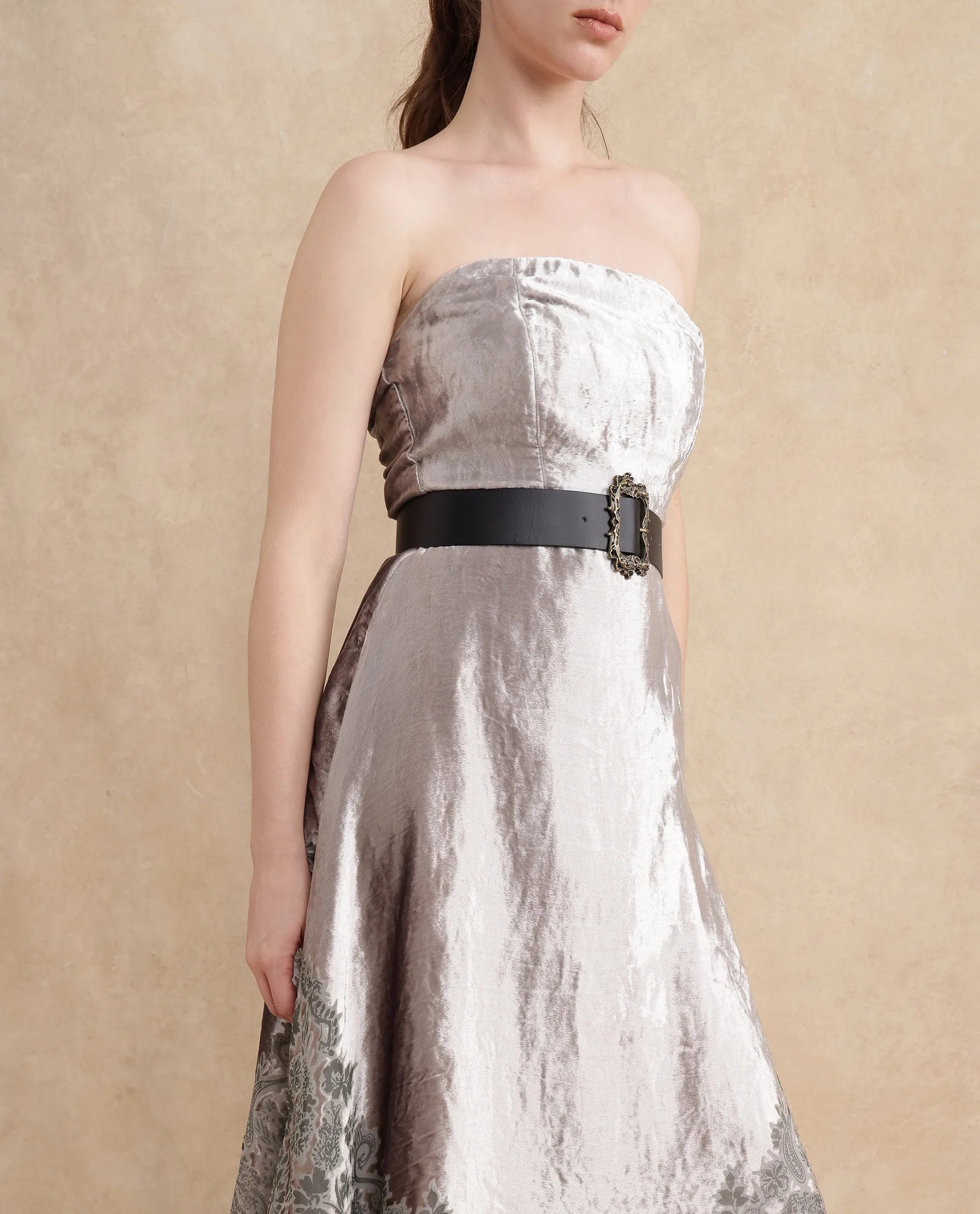 Rareism Women Seson Light Silver Tube Neck Zipper Closure Fit And Flare Midi Abstract Print Dress