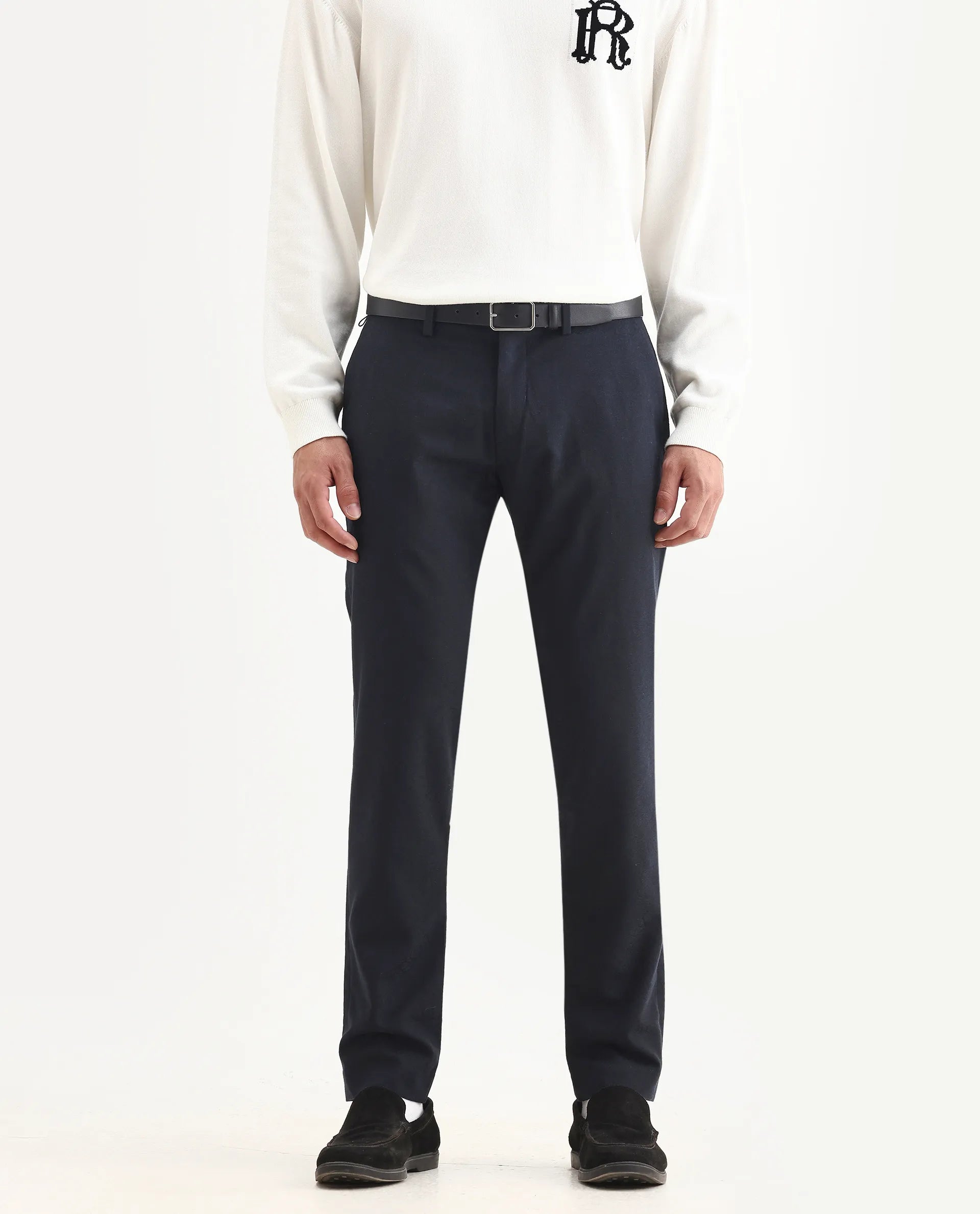 Rare Rabbit Men's Seth Navy Polyester Jacquard Regular Fit Trouser