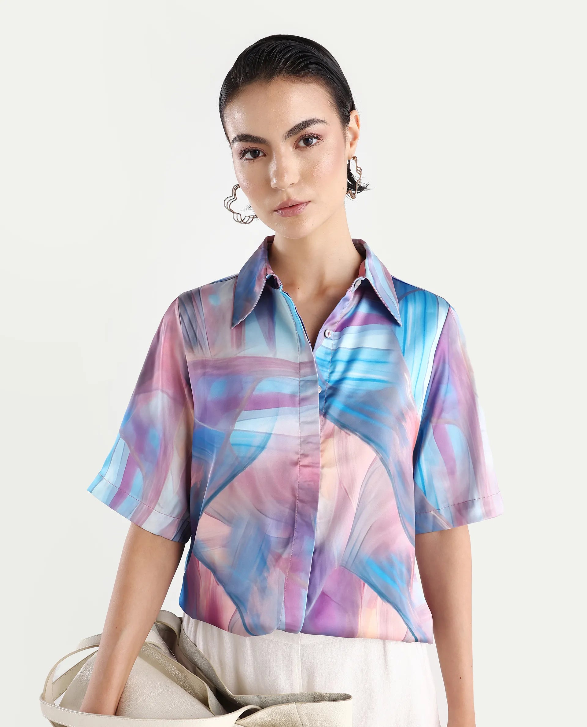 Rareism Women's Setimio Multi Satin Drop Collar Abstract Print Regular Fit Shirt