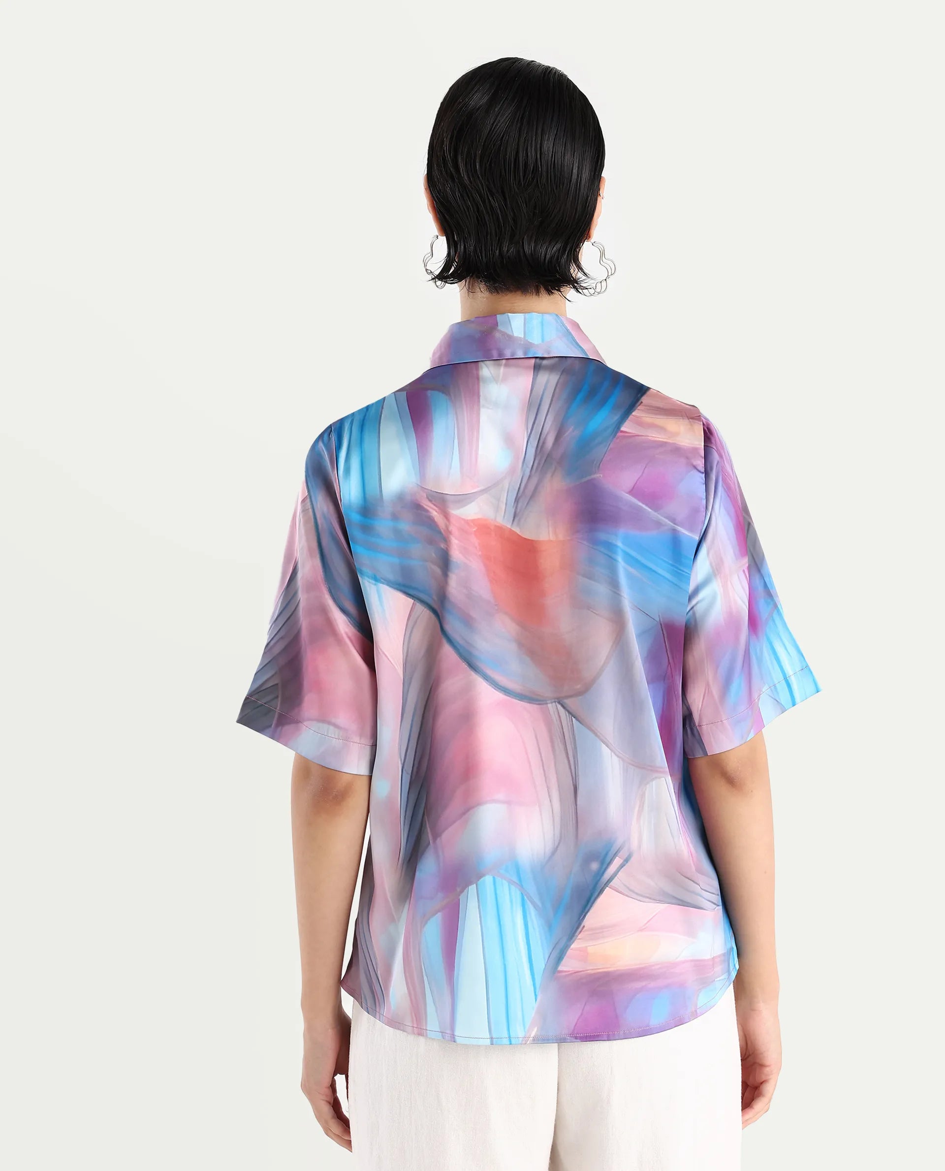 Rareism Women's Setimio Multi Satin Drop Collar Abstract Print Regular Fit Shirt