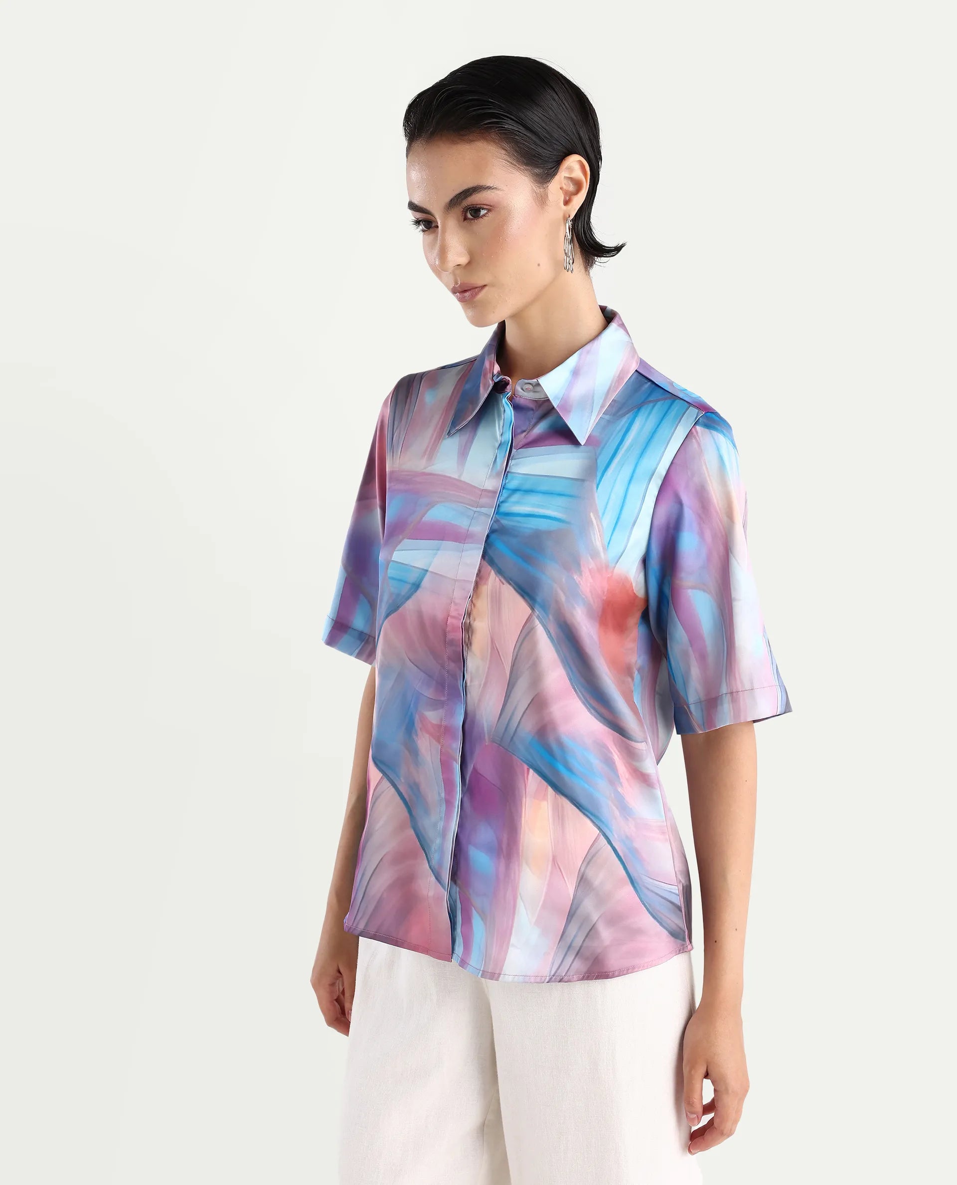 Rareism Women's Setimio Multi Satin Drop Collar Abstract Print Regular Fit Shirt