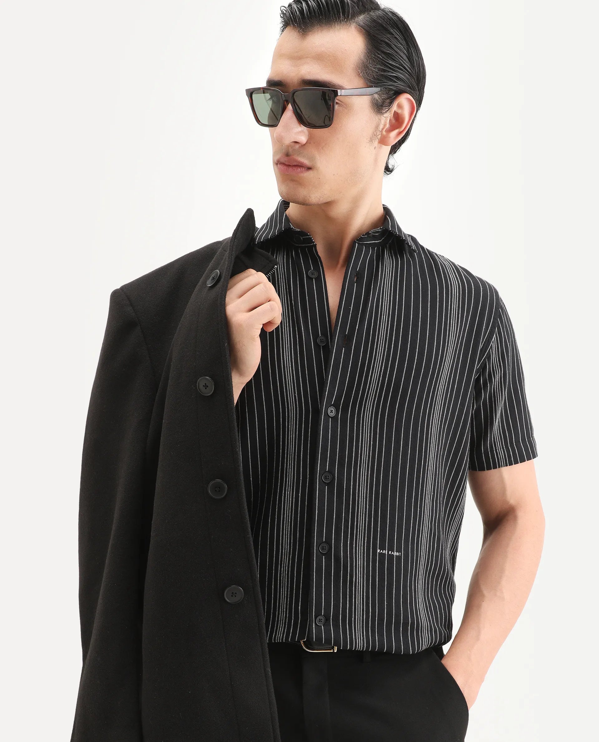 Rare Rabbit Men's Seton Dusky Black Linen Blend Fabric Half Sleeve Spread Collar Regular Fit Shirt