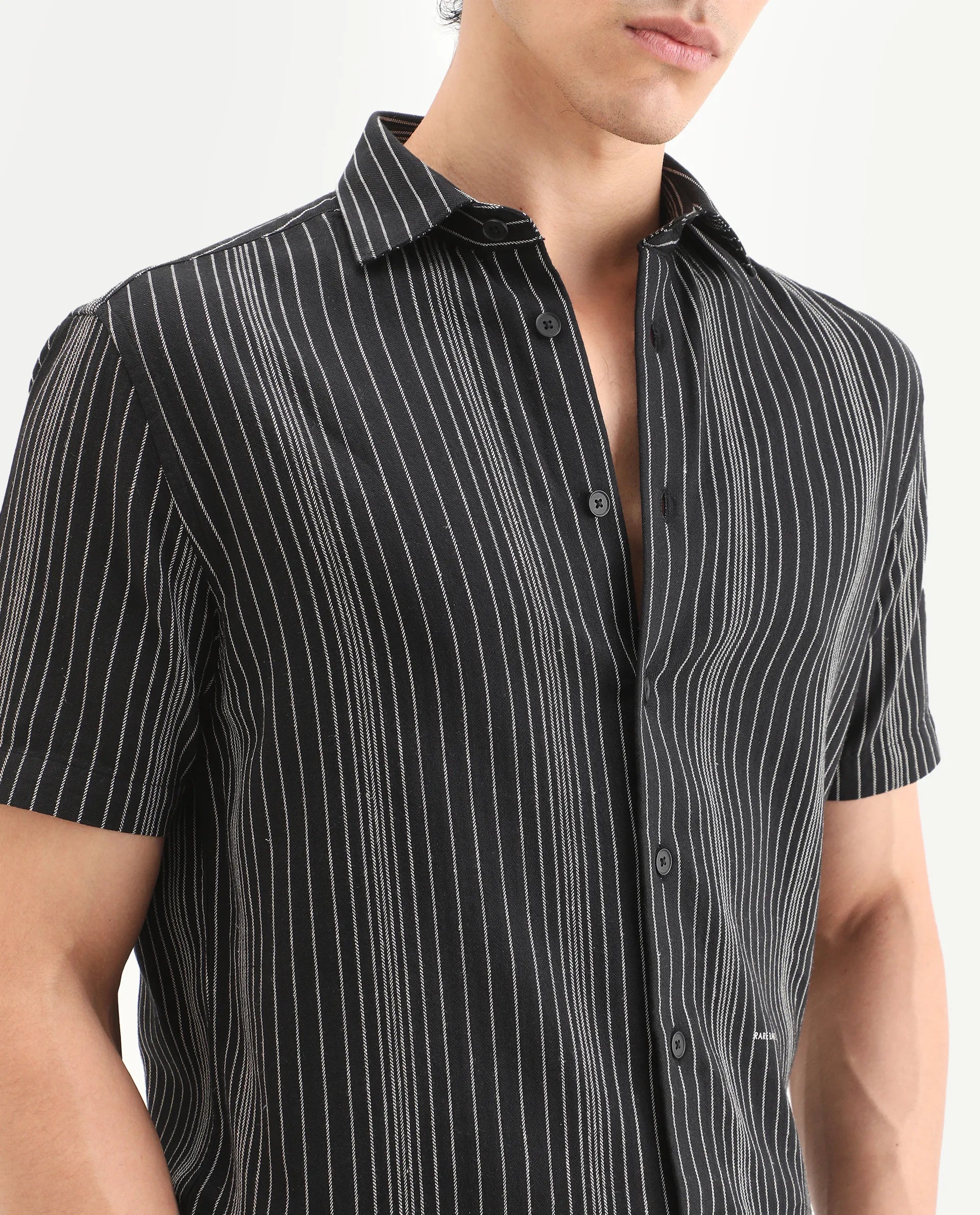 Rare Rabbit Men's Seton Dusky Black Linen Blend Fabric Half Sleeve Spread Collar Regular Fit Shirt