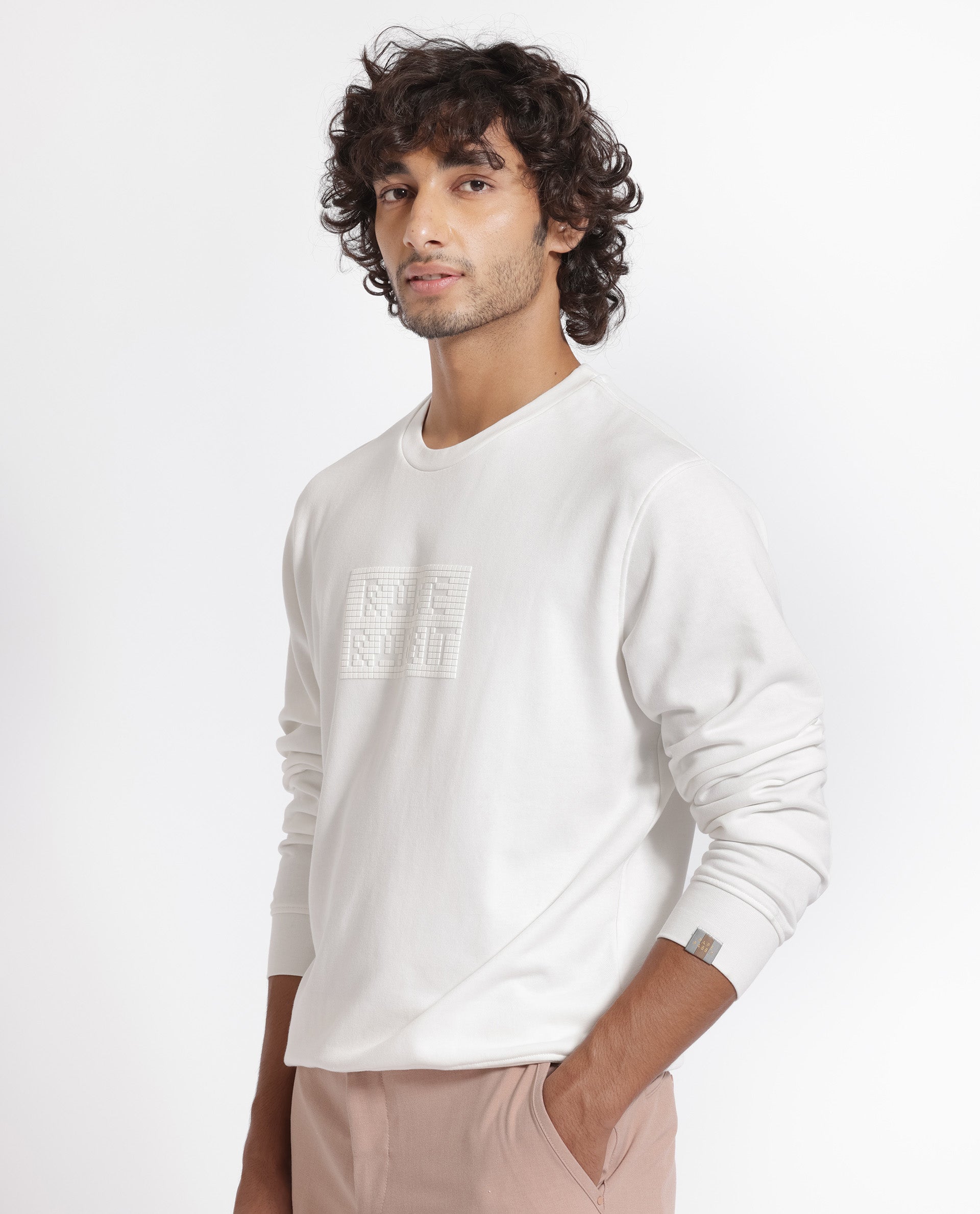 Rare Rabbit Men's Seven Off White Cotton Polyester Fabric Full Sleeves Graphic Lego Print Knitted Sweatshirt