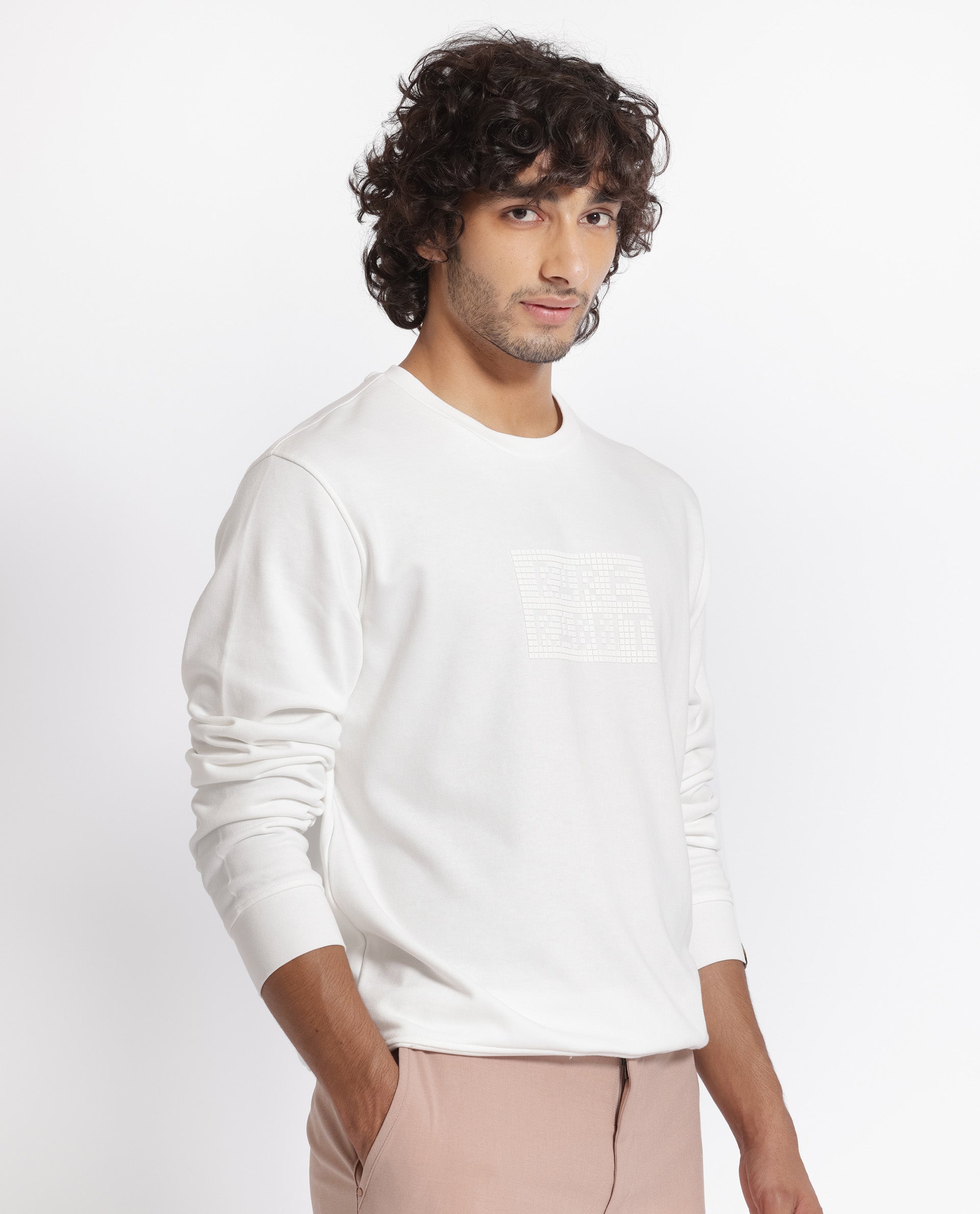 Rare Rabbit Men's Seven Off White Cotton Polyester Fabric Full Sleeves Graphic Lego Print Knitted Sweatshirt