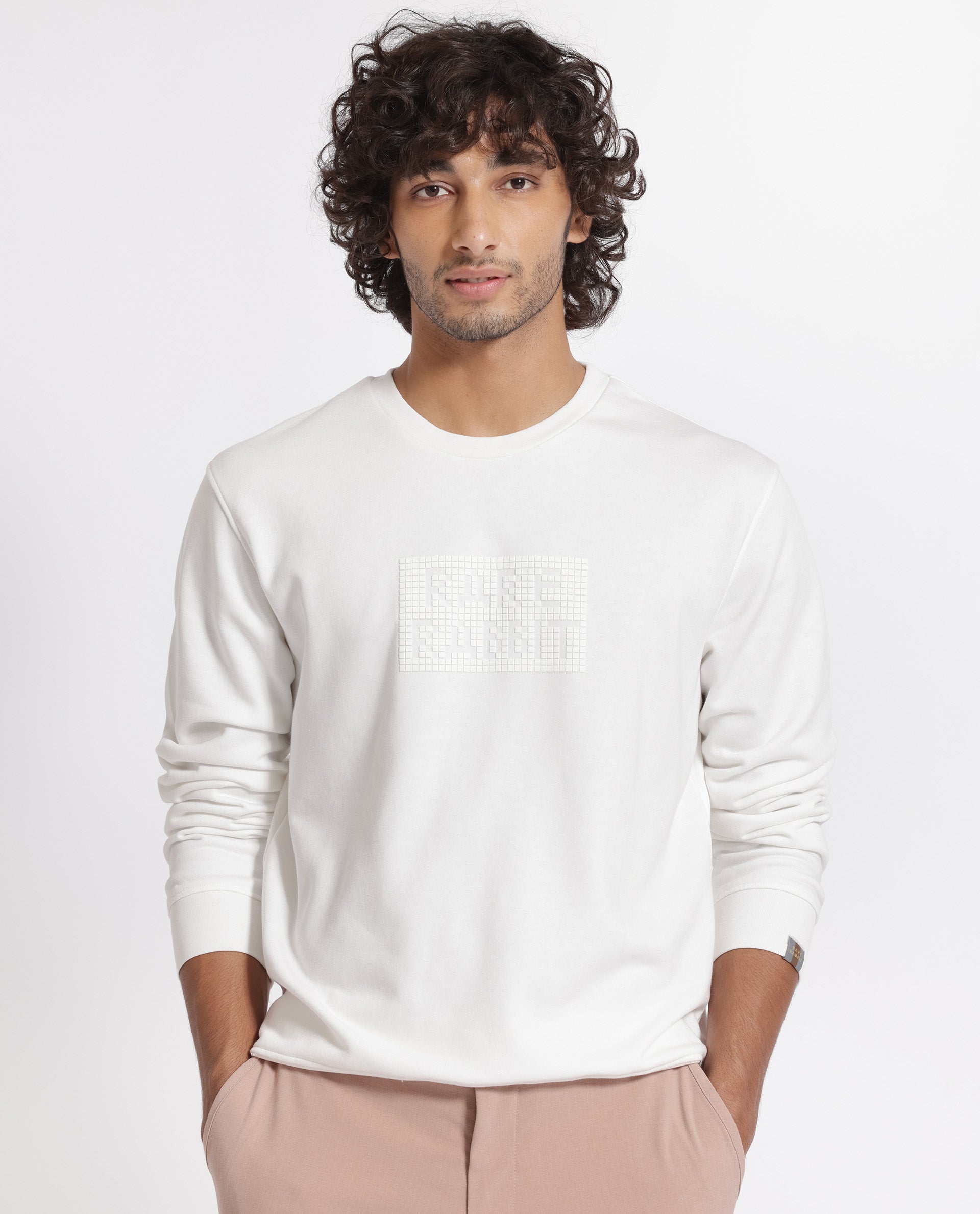 Rare Rabbit Men's Seven Off White Cotton Polyester Fabric Full Sleeves Graphic Lego Print Knitted Sweatshirt