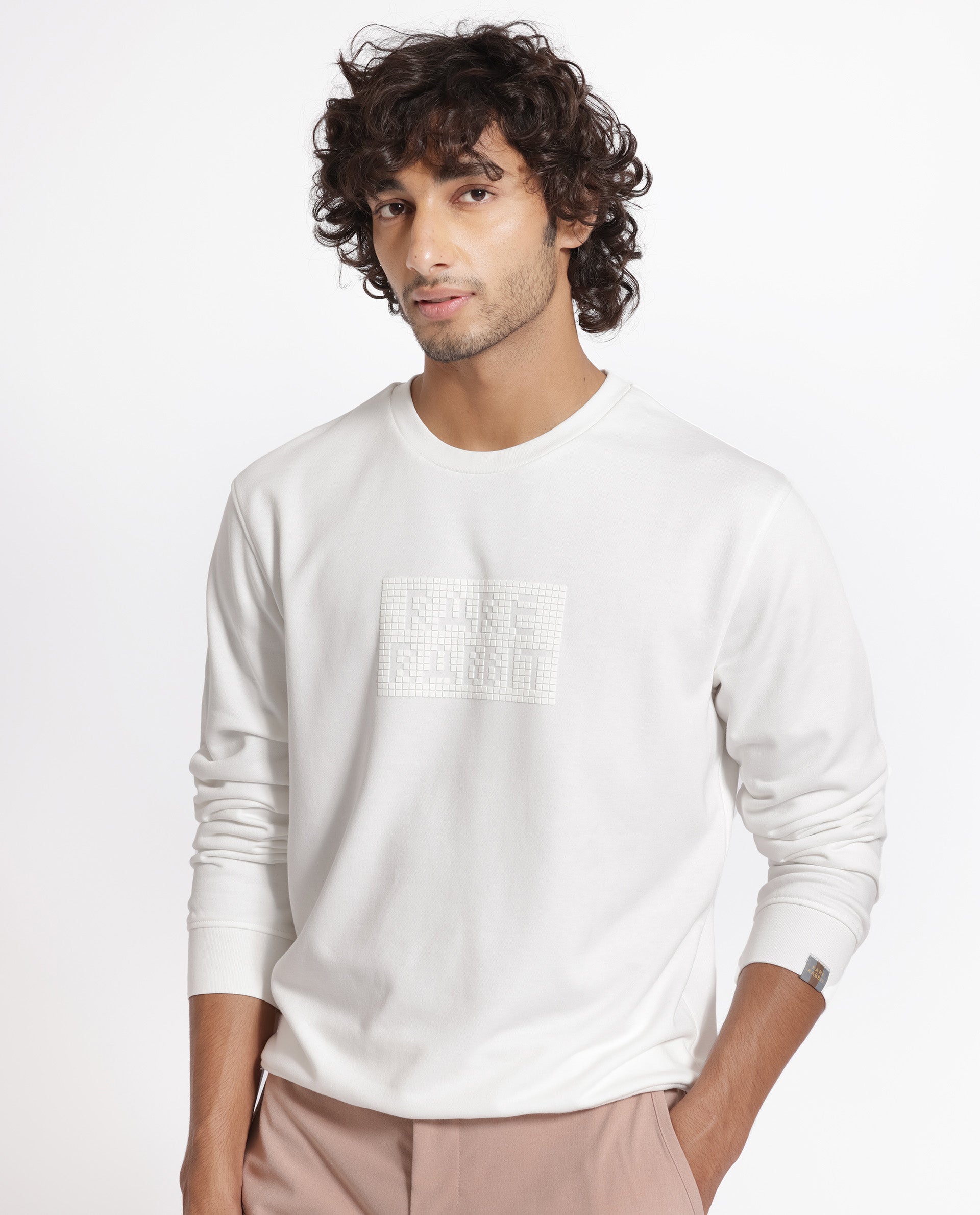 Rare Rabbit Men's Seven Off White Cotton Polyester Fabric Full Sleeves Graphic Lego Print Knitted Sweatshirt