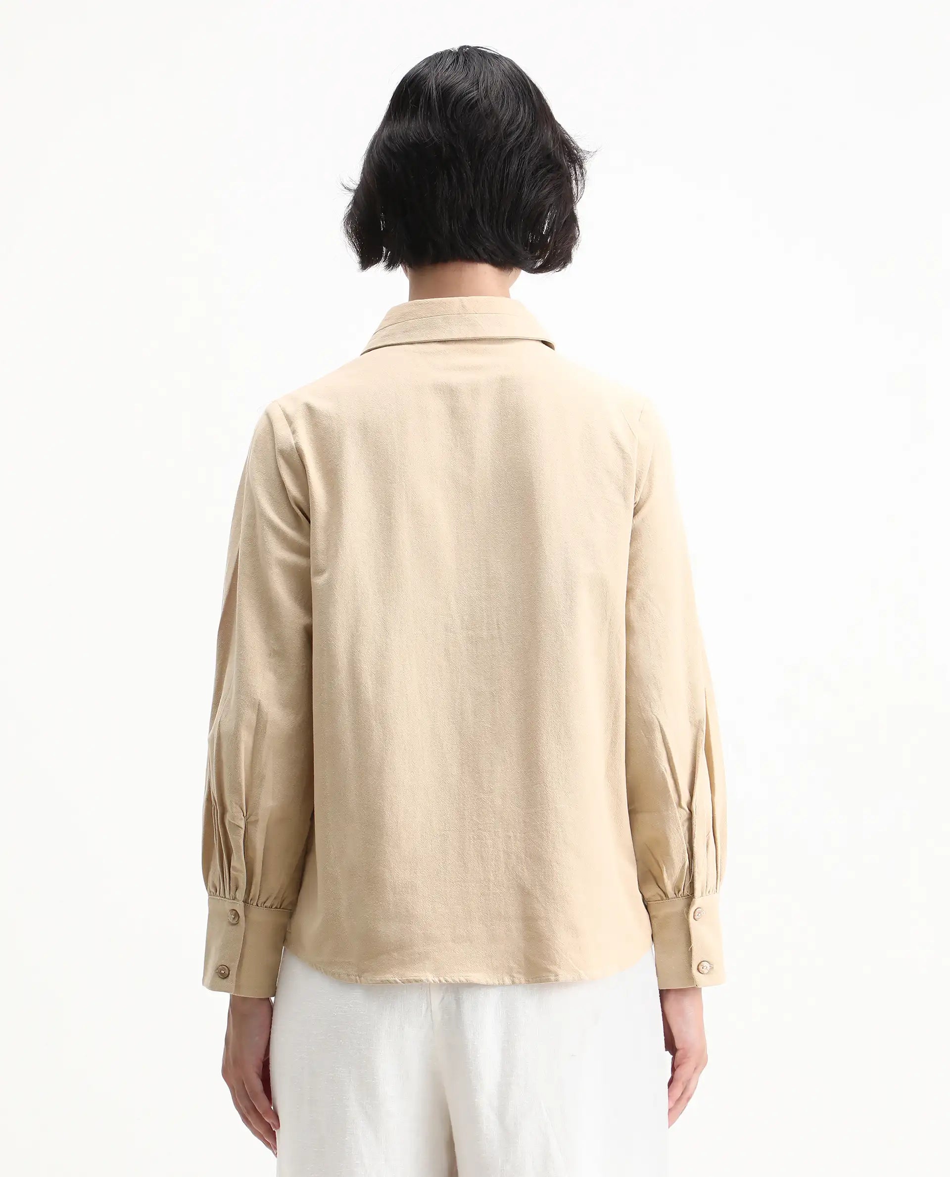 Rareism Women's Severo Beige Cotton Spread Collar Plain Cuffed Sleeve Regular Fit Shirt