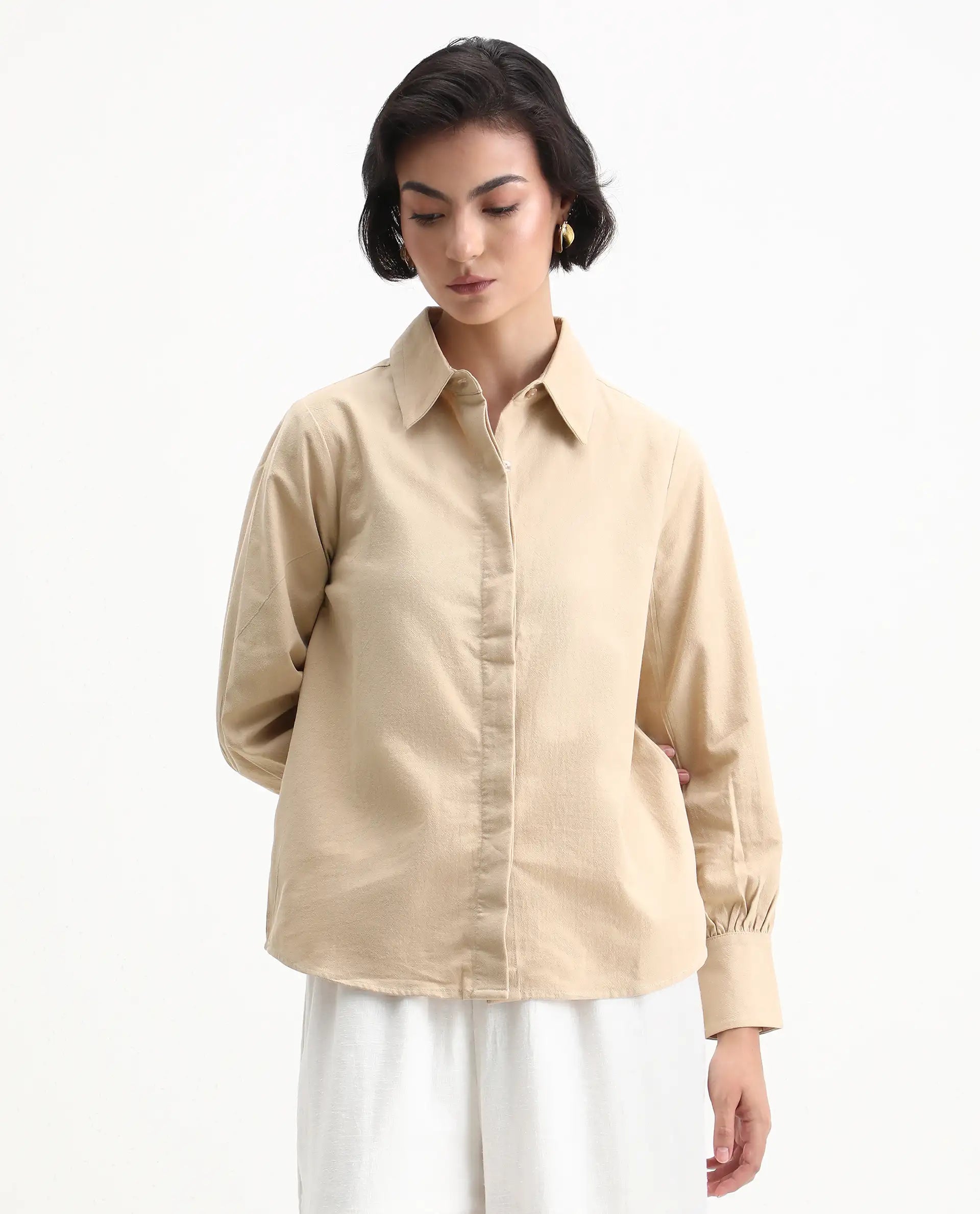 Rareism Women's Severo Beige Cotton Spread Collar Plain Cuffed Sleeve Regular Fit Shirt