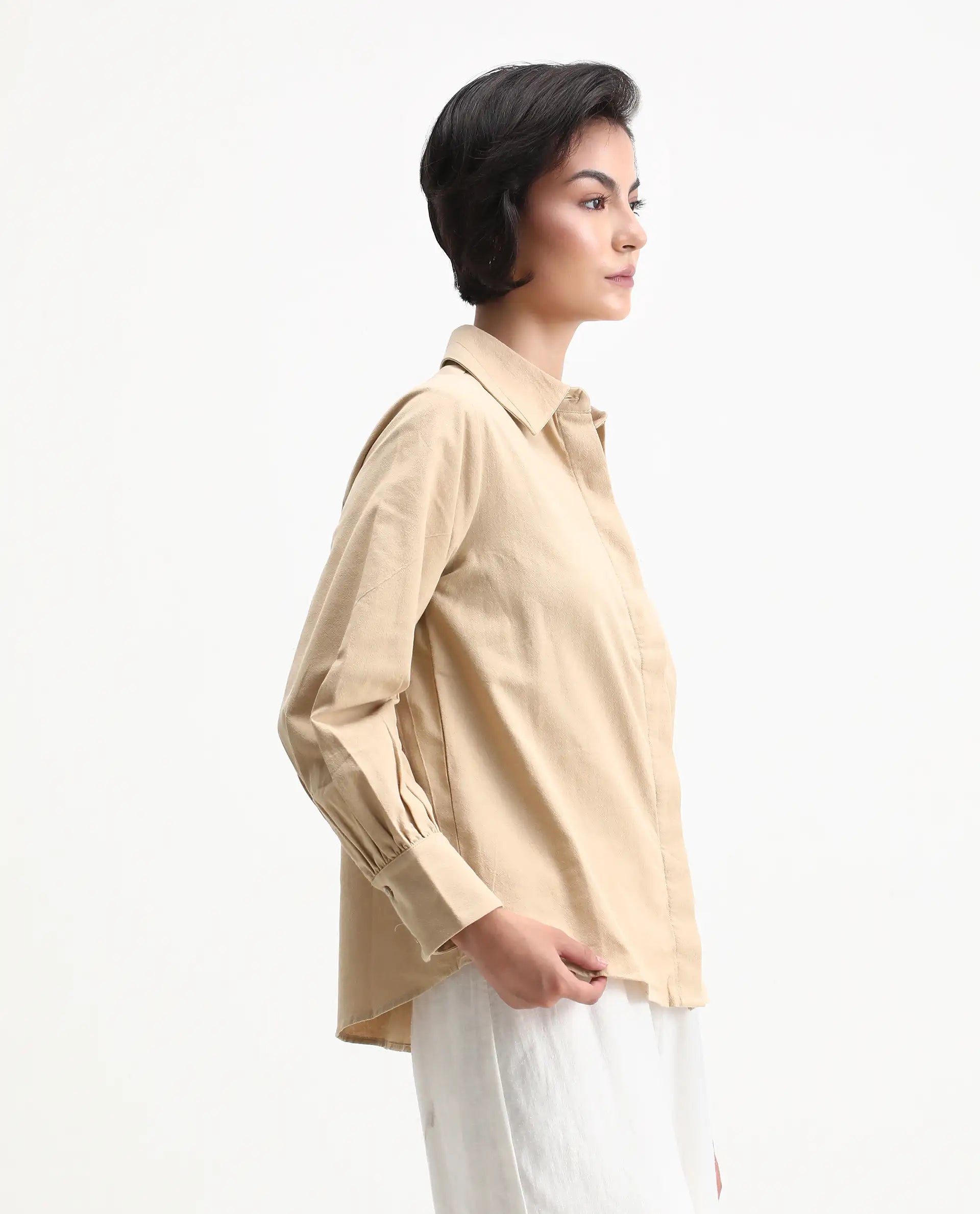 Rareism Women's Severo Beige Cotton Spread Collar Plain Cuffed Sleeve Regular Fit Shirt