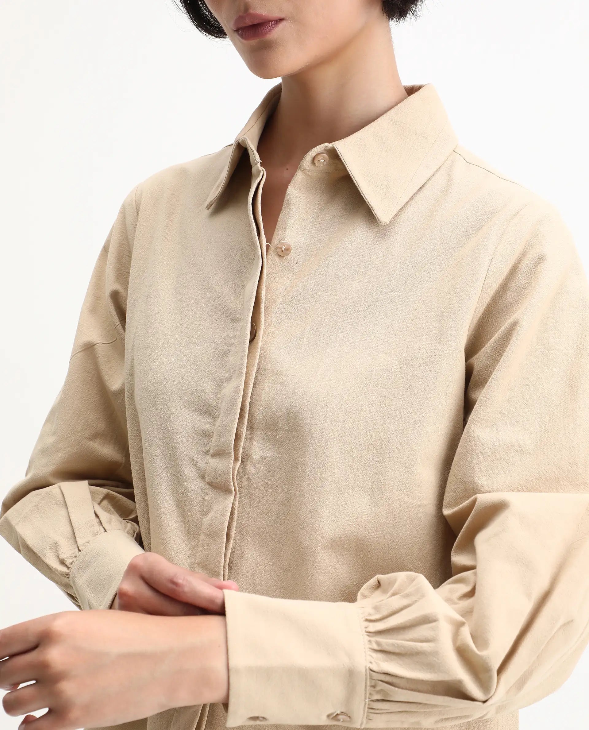 Rareism Women's Severo Beige Cotton Spread Collar Plain Cuffed Sleeve Regular Fit Shirt