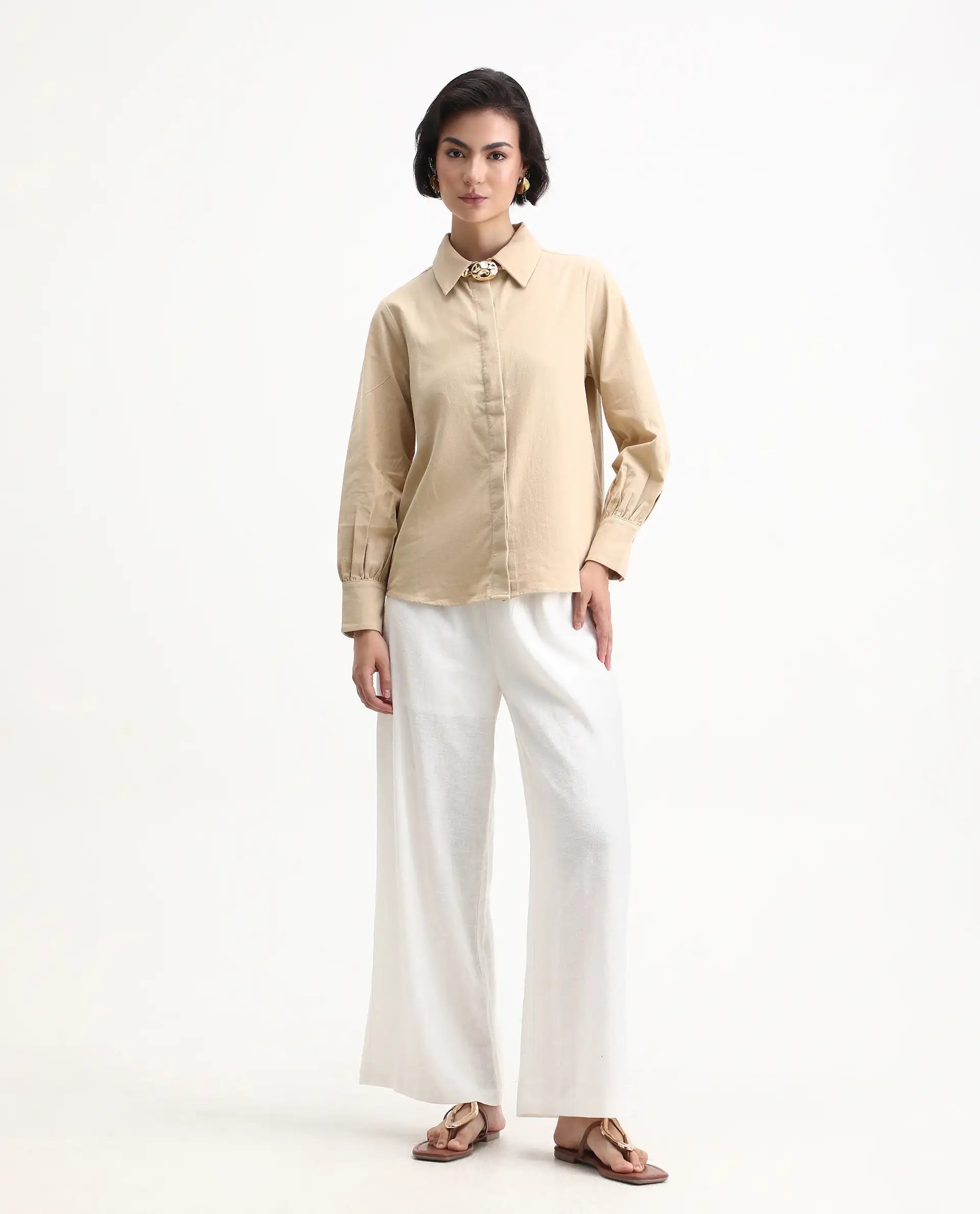 Rareism Women's Severo Beige Cotton Spread Collar Plain Cuffed Sleeve Regular Fit Shirt