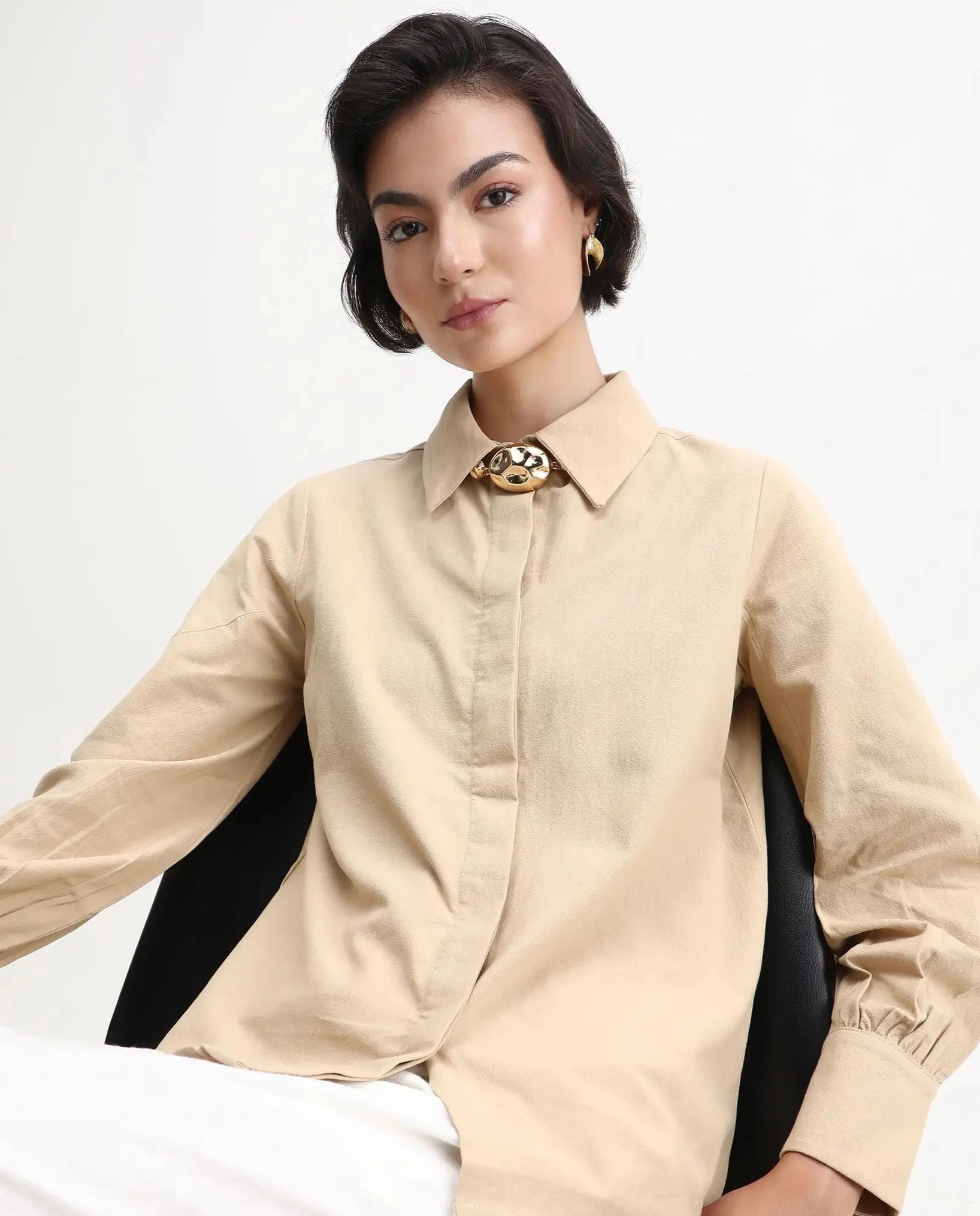 Rareism Women's Severo Beige Cotton Spread Collar Plain Cuffed Sleeve Regular Fit Shirt
