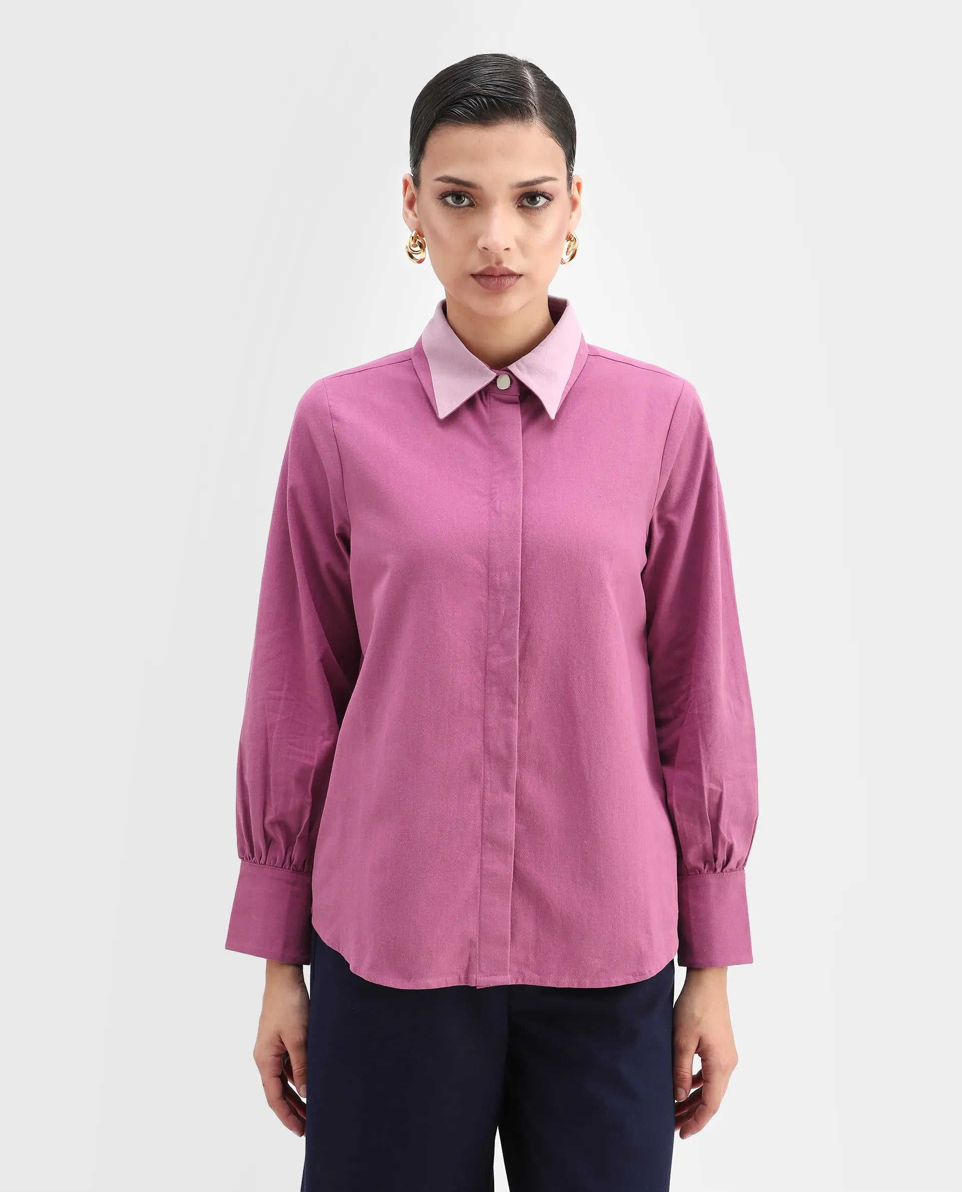 Rareism Women's Severo Pink Cotton Drop Collar Plain Cuffed Sleeve Regular Fit Top