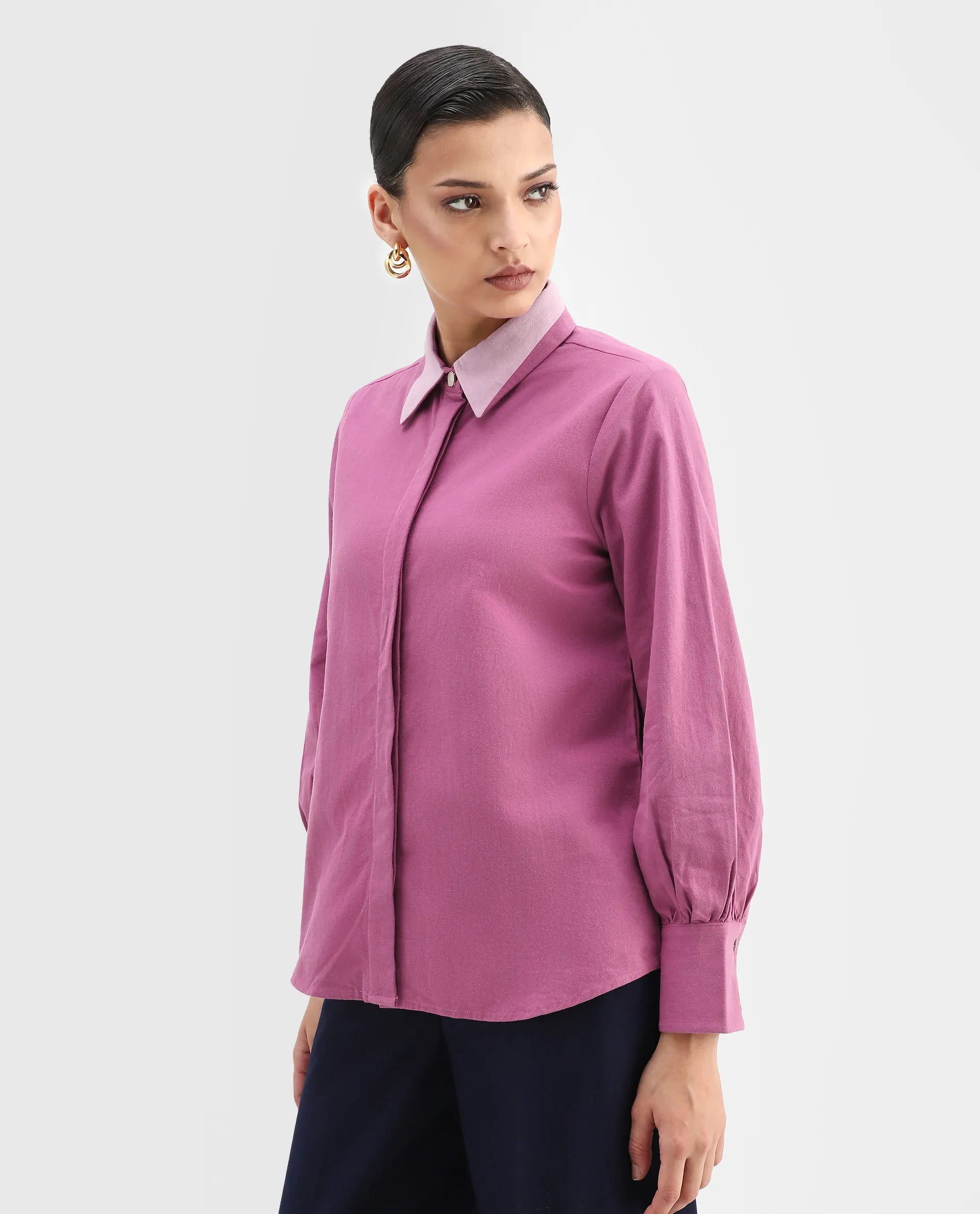 Rareism Women's Severo Pink Cotton Drop Collar Plain Cuffed Sleeve Regular Fit Top