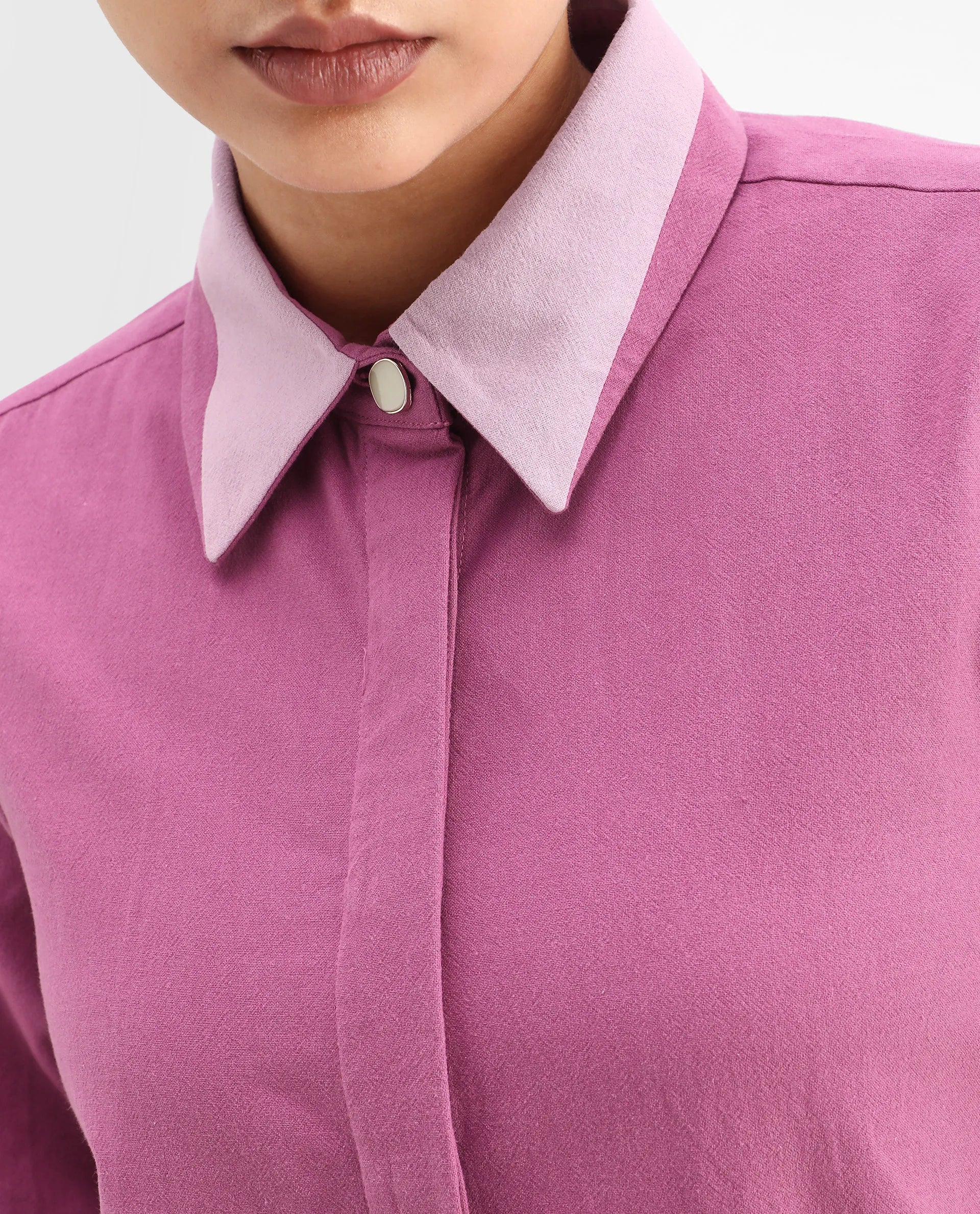 Rareism Women's Severo Pink Cotton Drop Collar Plain Cuffed Sleeve Regular Fit Top