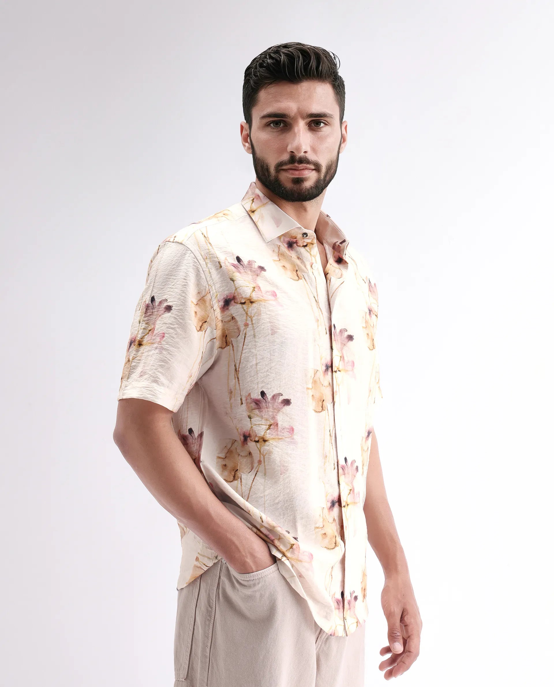Rare Rabbit Men's Sha Beige Viscose Blend Abstract Print Relaxed Fit Half Sleeve Collared Shirt