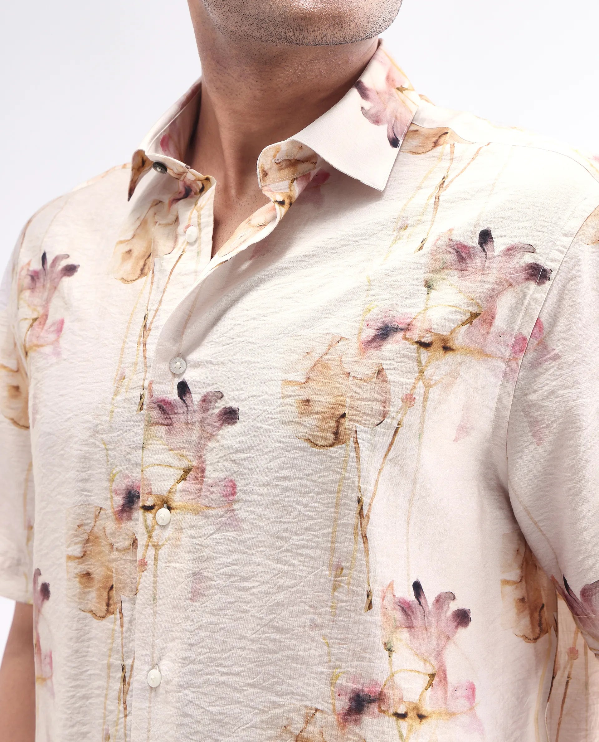 Rare Rabbit Men's Sha Beige Viscose Blend Abstract Print Relaxed Fit Half Sleeve Collared Shirt