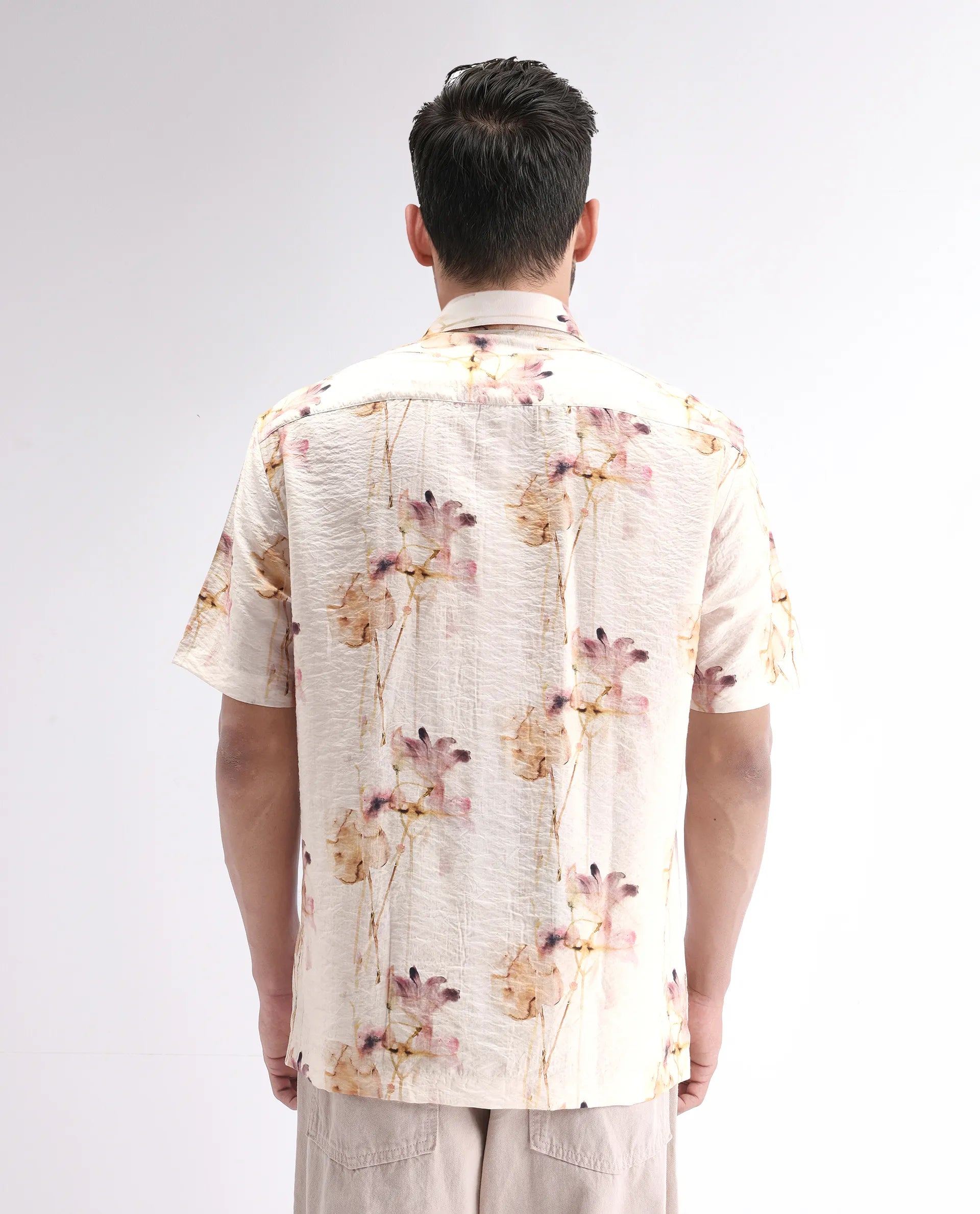 Rare Rabbit Men's Sha Beige Viscose Blend Abstract Print Relaxed Fit Half Sleeve Collared Shirt