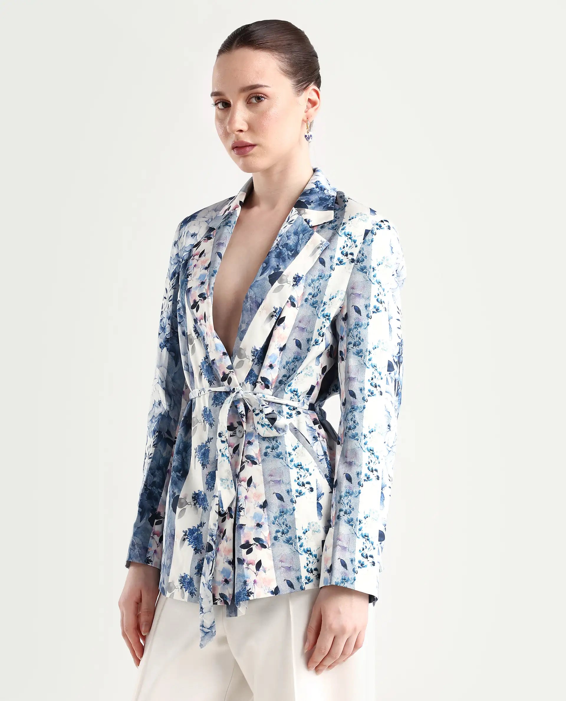 Rareism Women's Shabella Blue Polyester Lapel Neck Floral Print Tailored Blazer