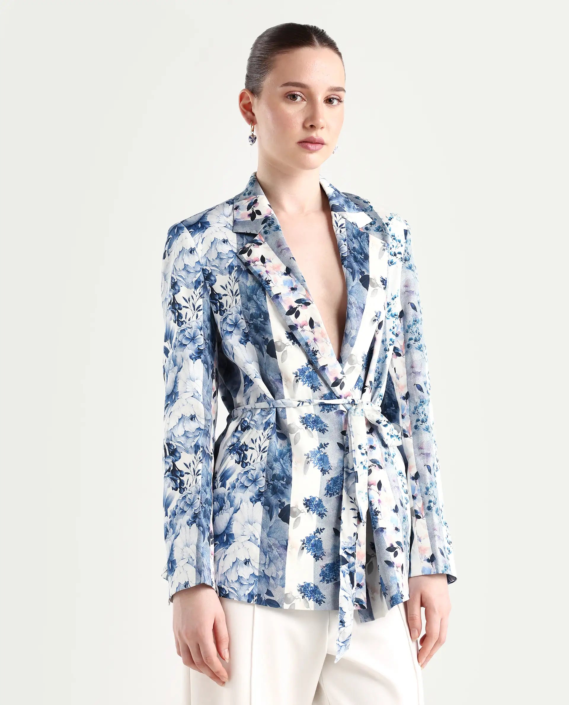 Rareism Women's Shabella Blue Polyester Lapel Neck Floral Print Tailored Blazer