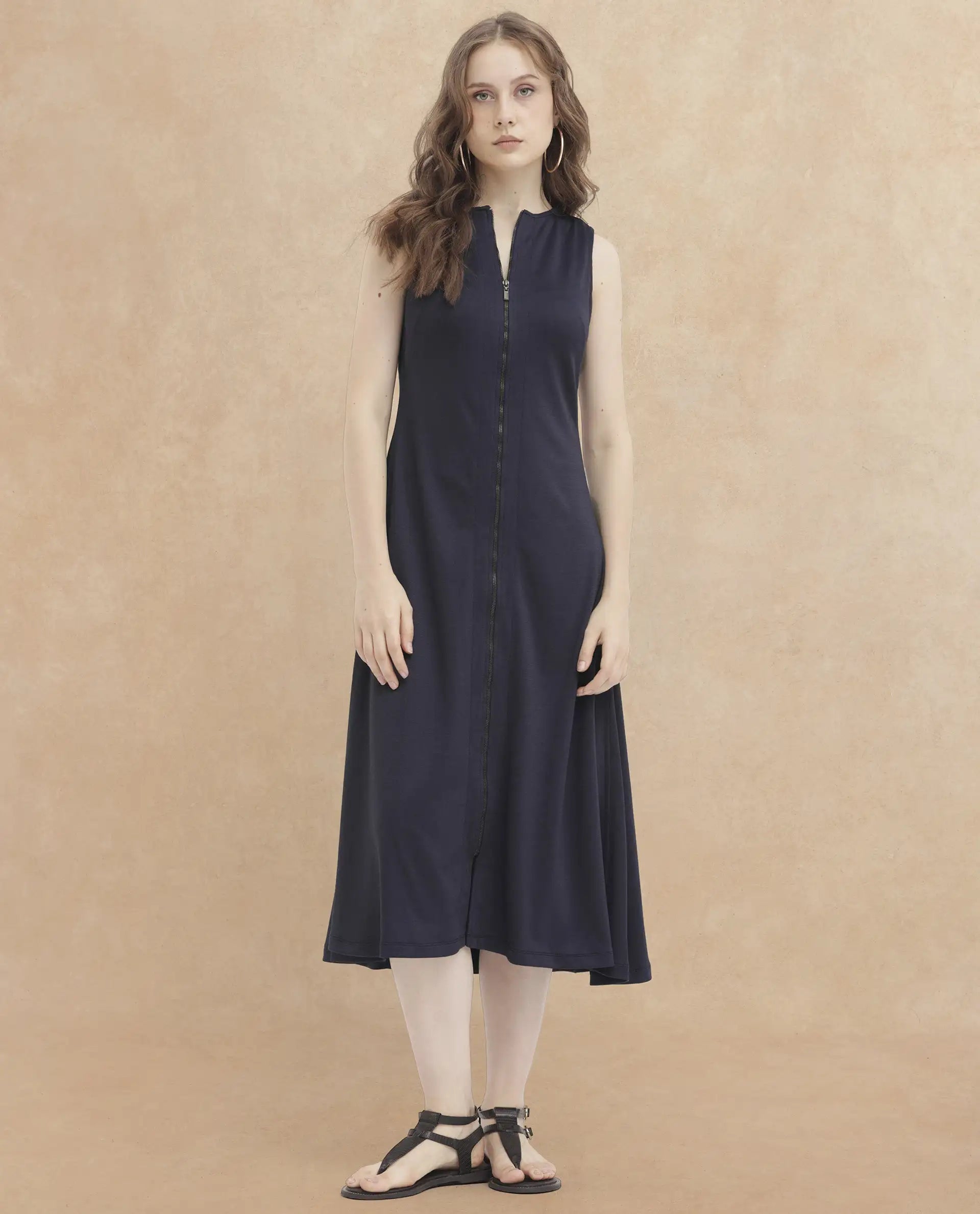 Rareism Women's Shoko Dark Blue Polyester Crew Neck Plain Sleeveless Midi A-Line Dress