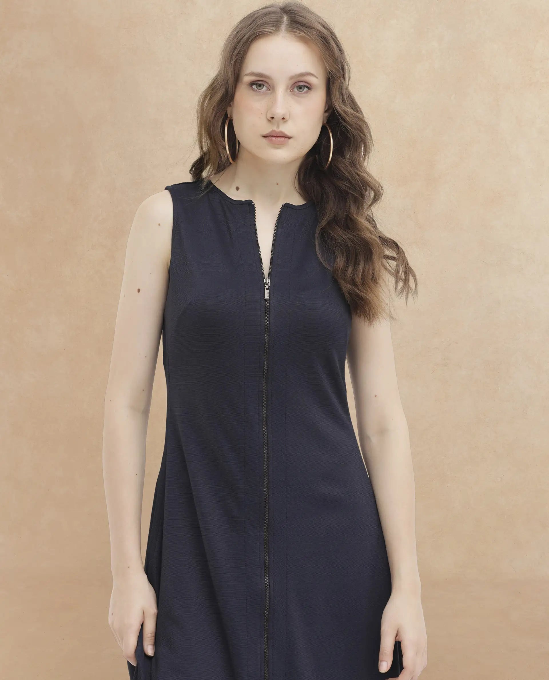 Rareism Women's Shoko Dark Blue Polyester Crew Neck Plain Sleeveless Midi A-Line Dress