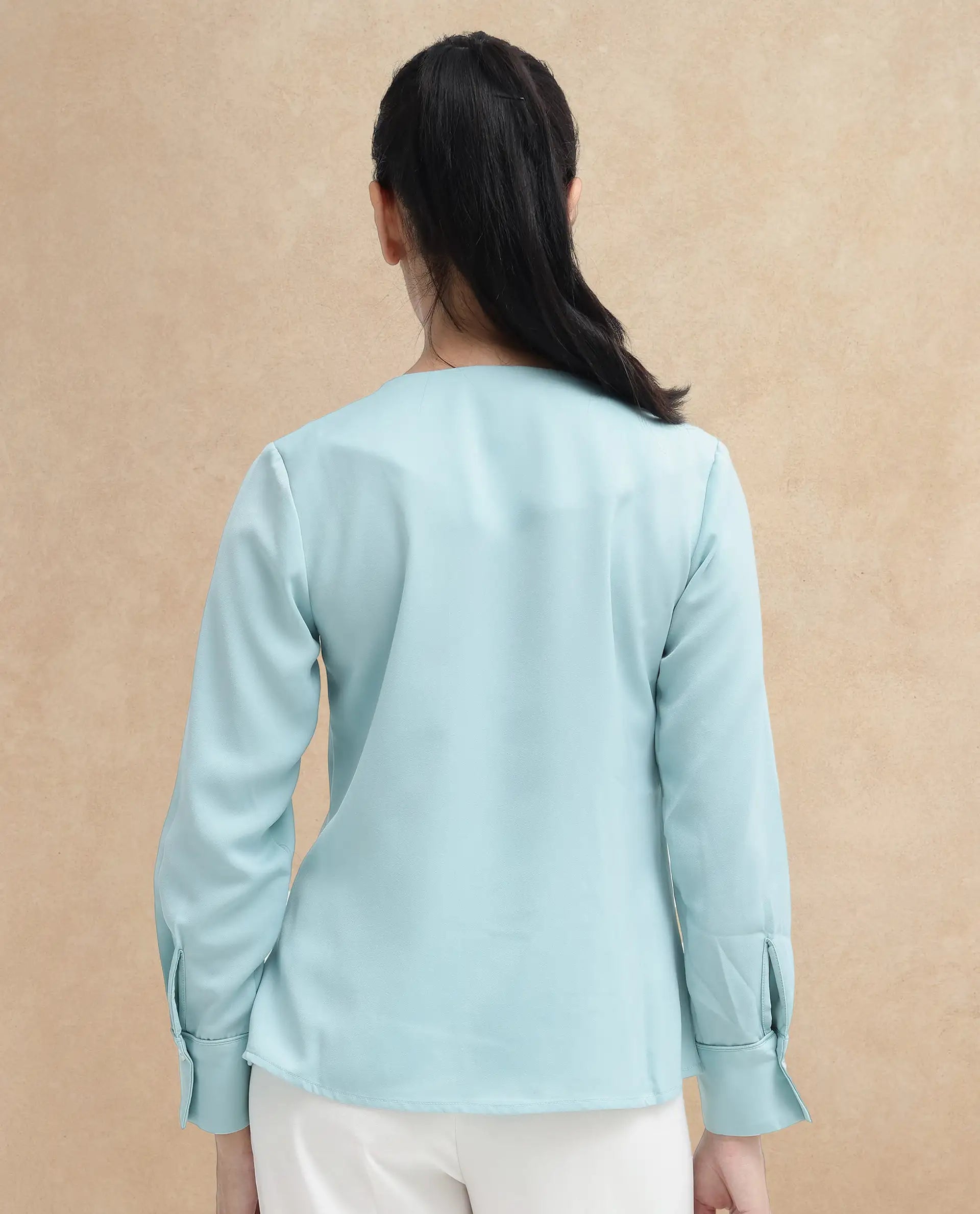 Rareism Women's Shami Light Blue Polyester V-Neck Plain Cuffed Sleeve Regular Fit Top