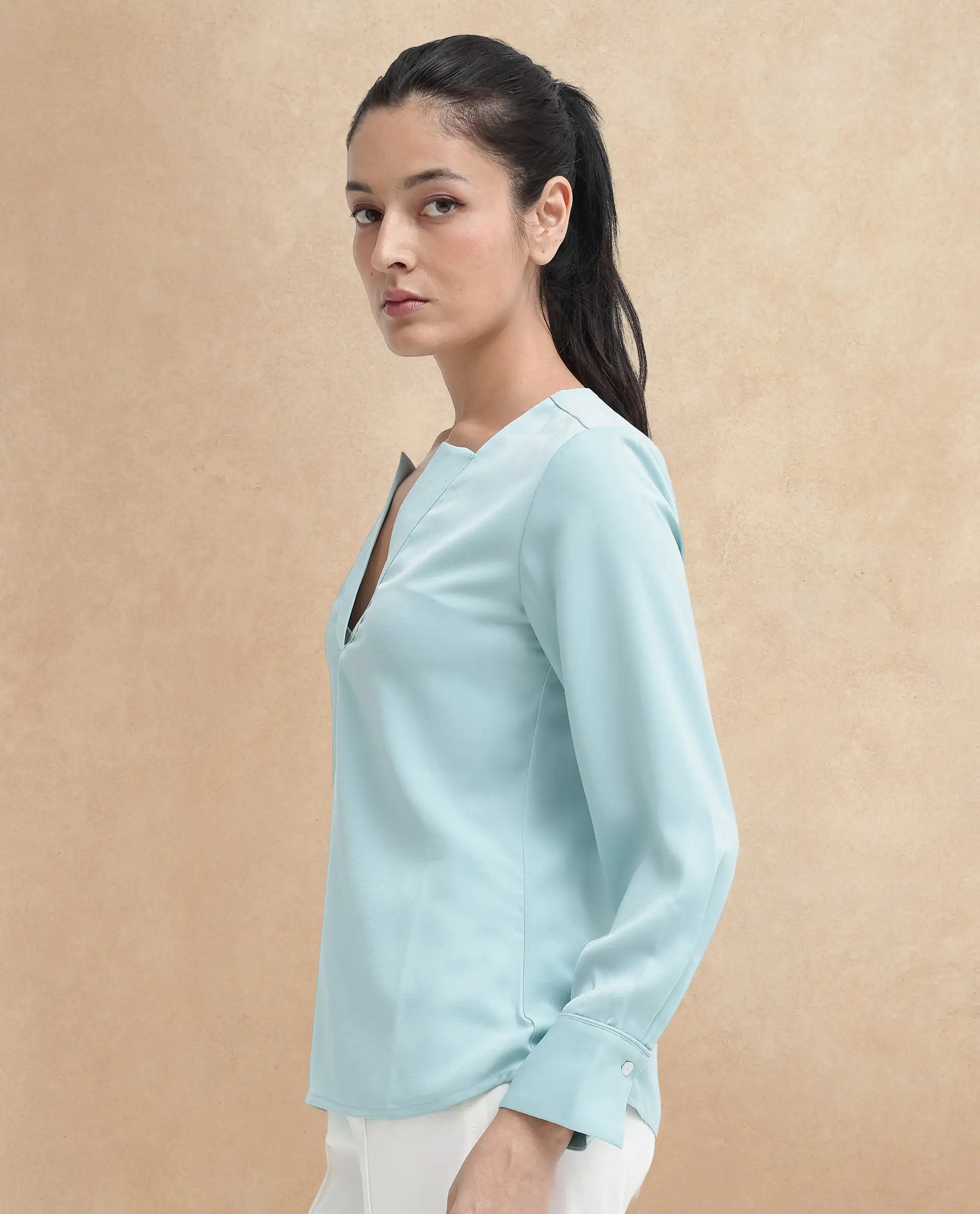Rareism Women's Shami Light Blue Polyester V-Neck Plain Cuffed Sleeve Regular Fit Top