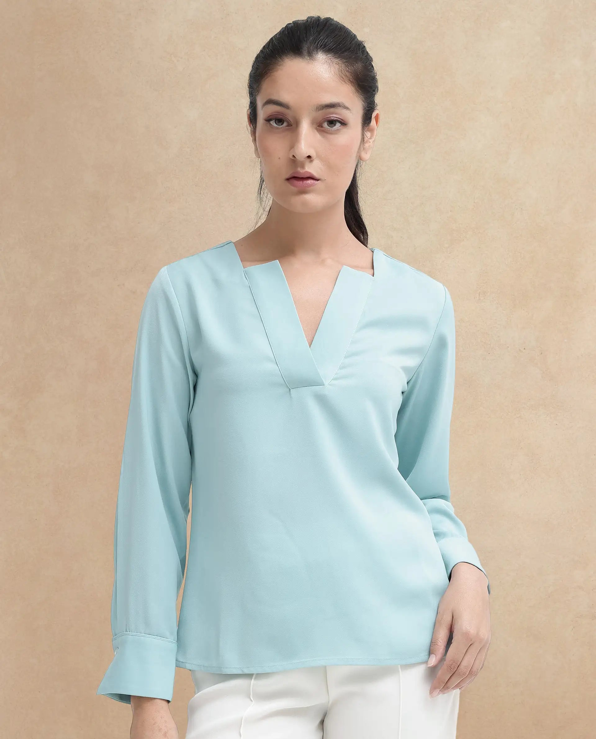 Rareism Women's Shami Light Blue Polyester V-Neck Plain Cuffed Sleeve Regular Fit Top