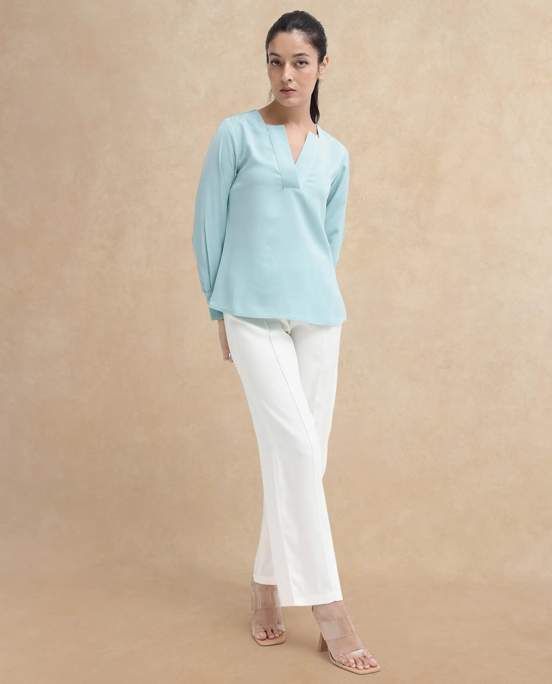 Rareism Women's Shami Light Blue Polyester V-Neck Plain Cuffed Sleeve Regular Fit Top