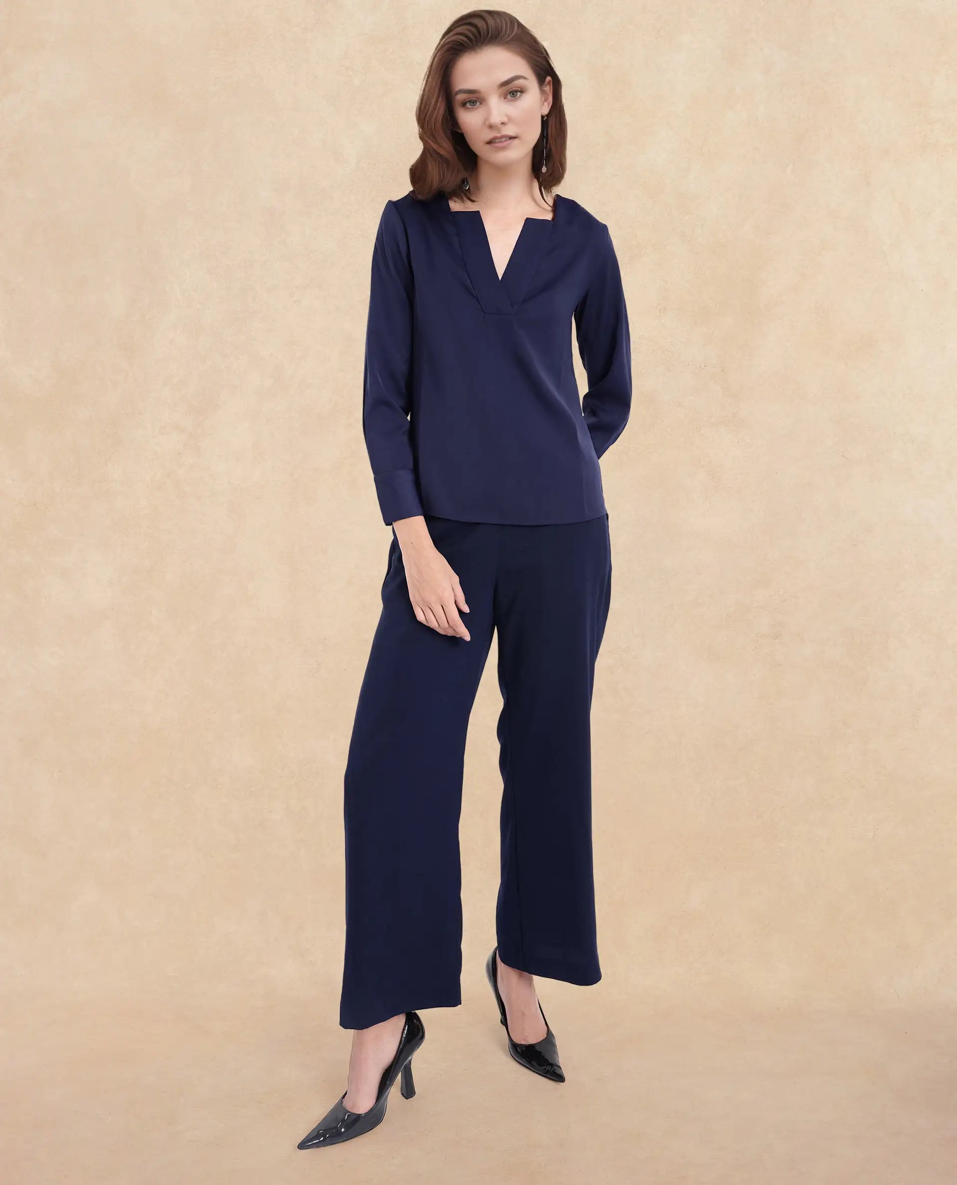 Rareism Women's Shami Navy Polyester V-Neck Plain Cuffed Sleeve Regular Fit Top