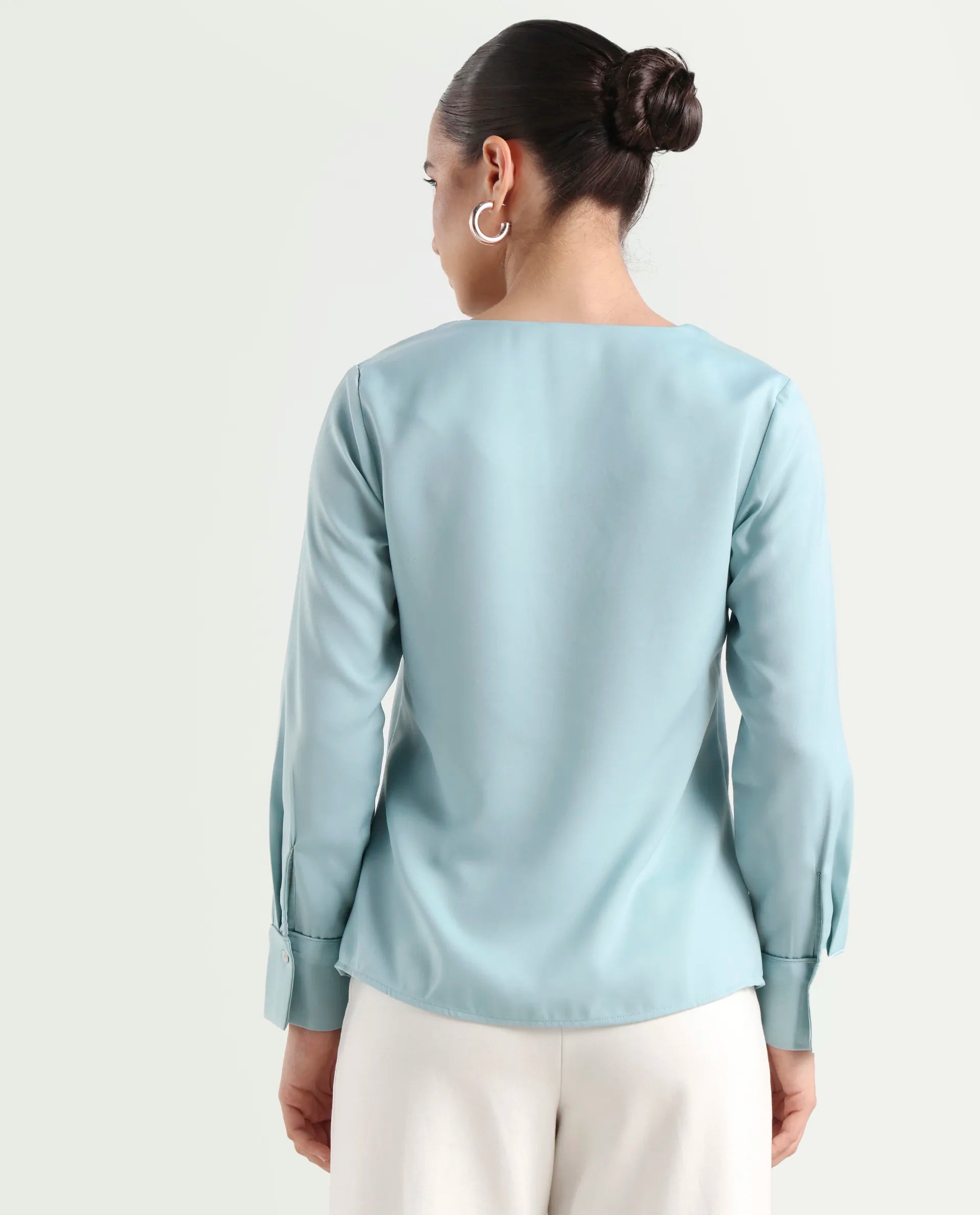 Rareism Women's Shami Light Blue Polyester V-Neck Plain Cuffed Sleeve Regular Fit Top