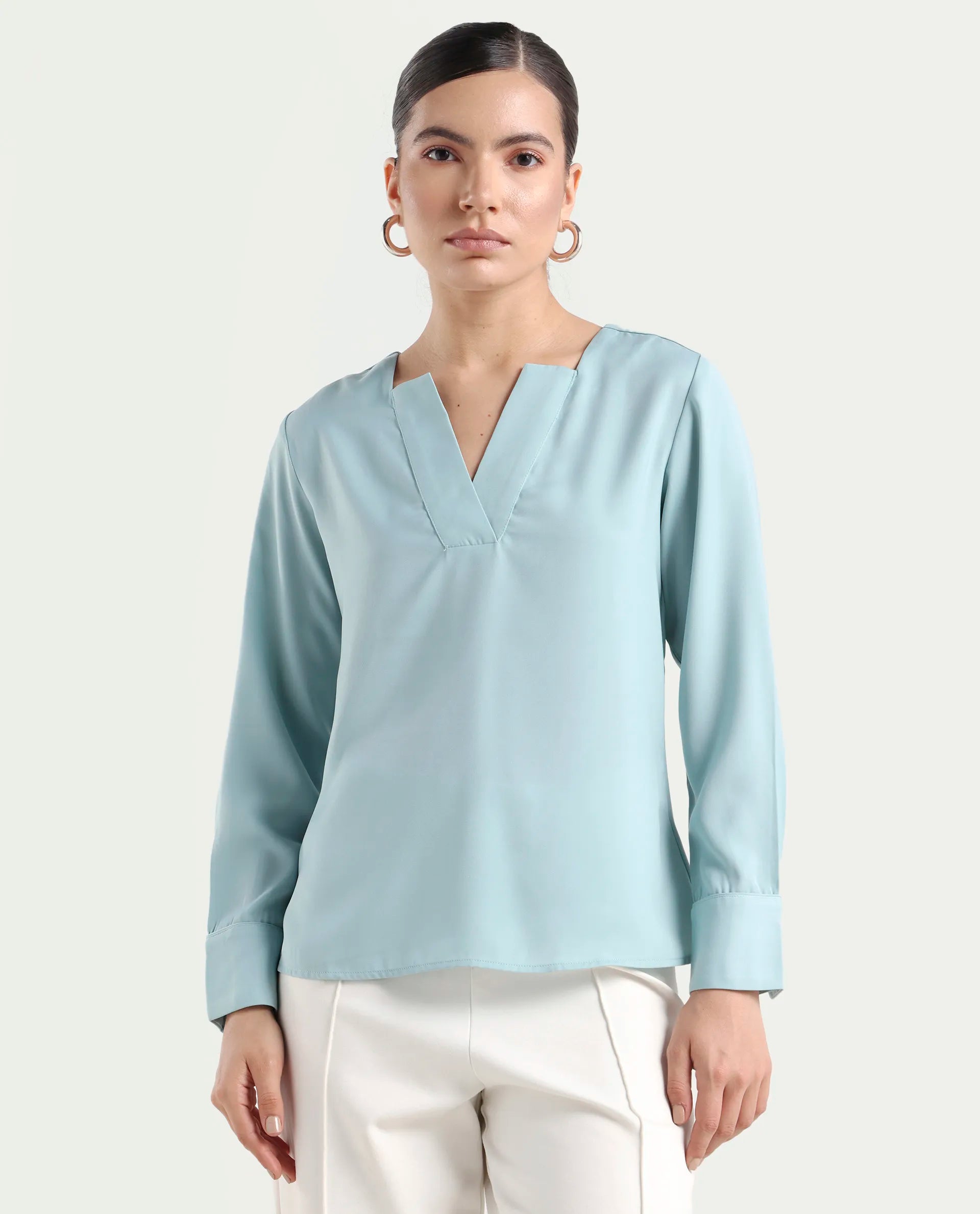 Rareism Women's Shami Light Blue Polyester V-Neck Plain Cuffed Sleeve Regular Fit Top