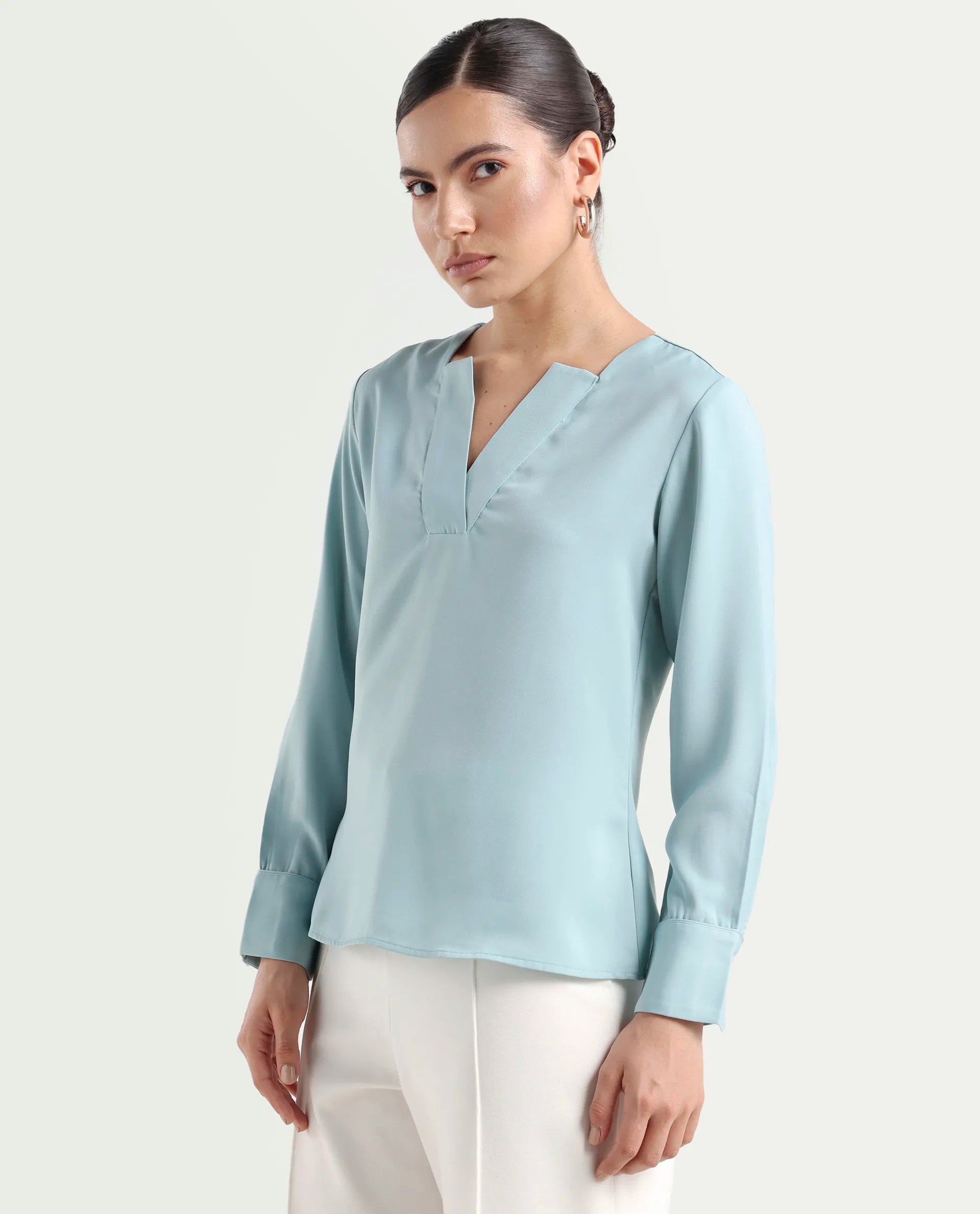 Rareism Women's Shami Light Blue Polyester V-Neck Plain Cuffed Sleeve Regular Fit Top
