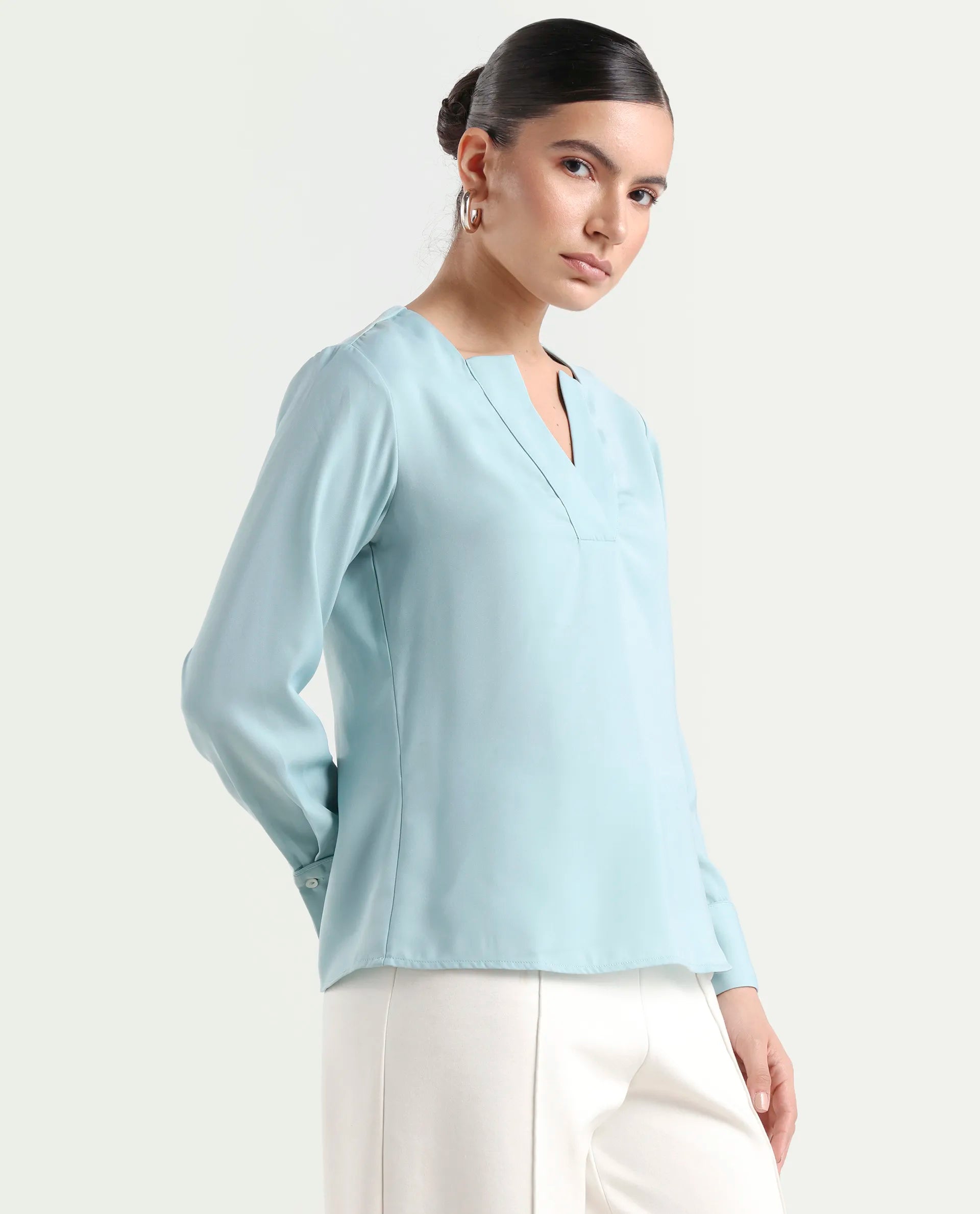 Rareism Women's Shami Light Blue Polyester V-Neck Plain Cuffed Sleeve Regular Fit Top