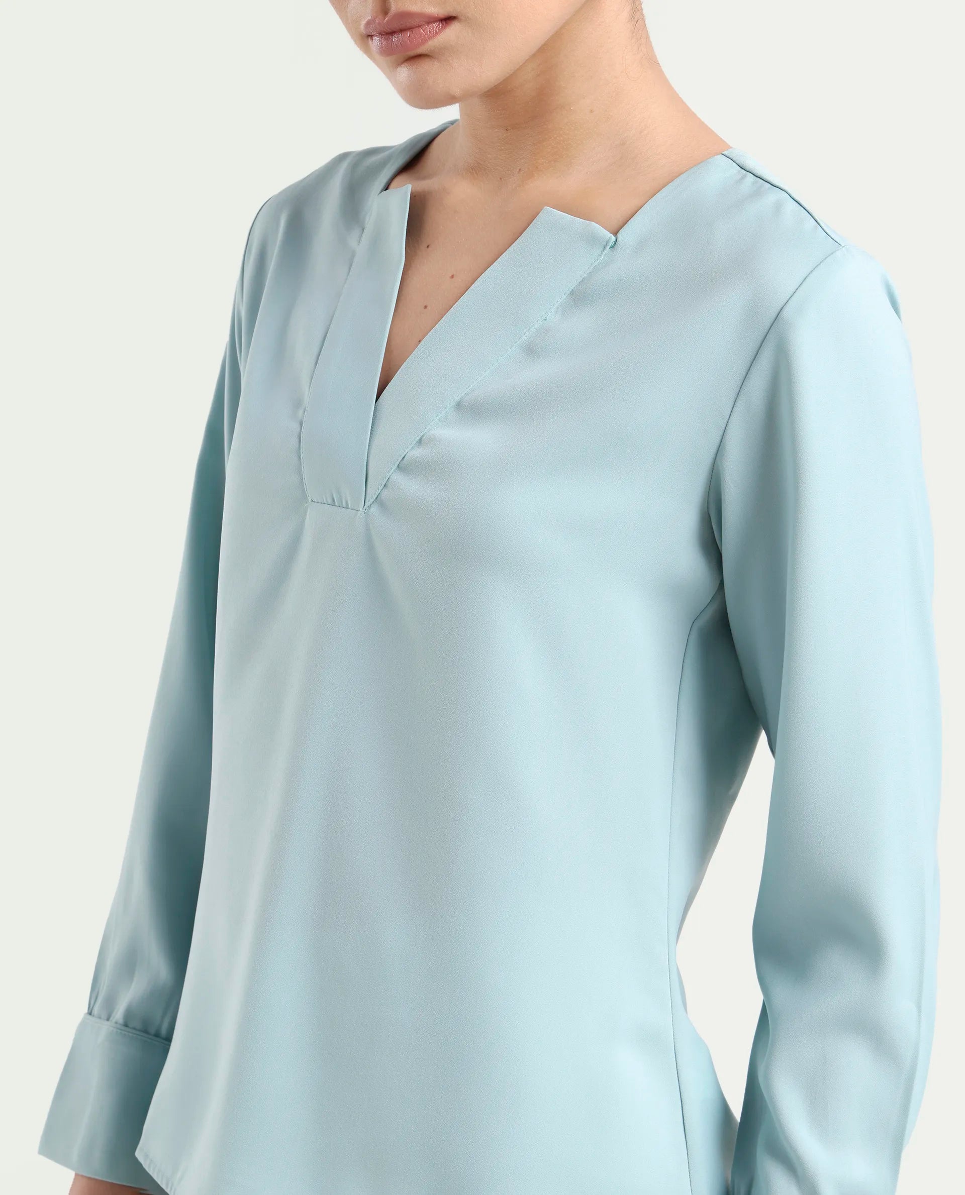 Rareism Women's Shami Light Blue Polyester V-Neck Plain Cuffed Sleeve Regular Fit Top