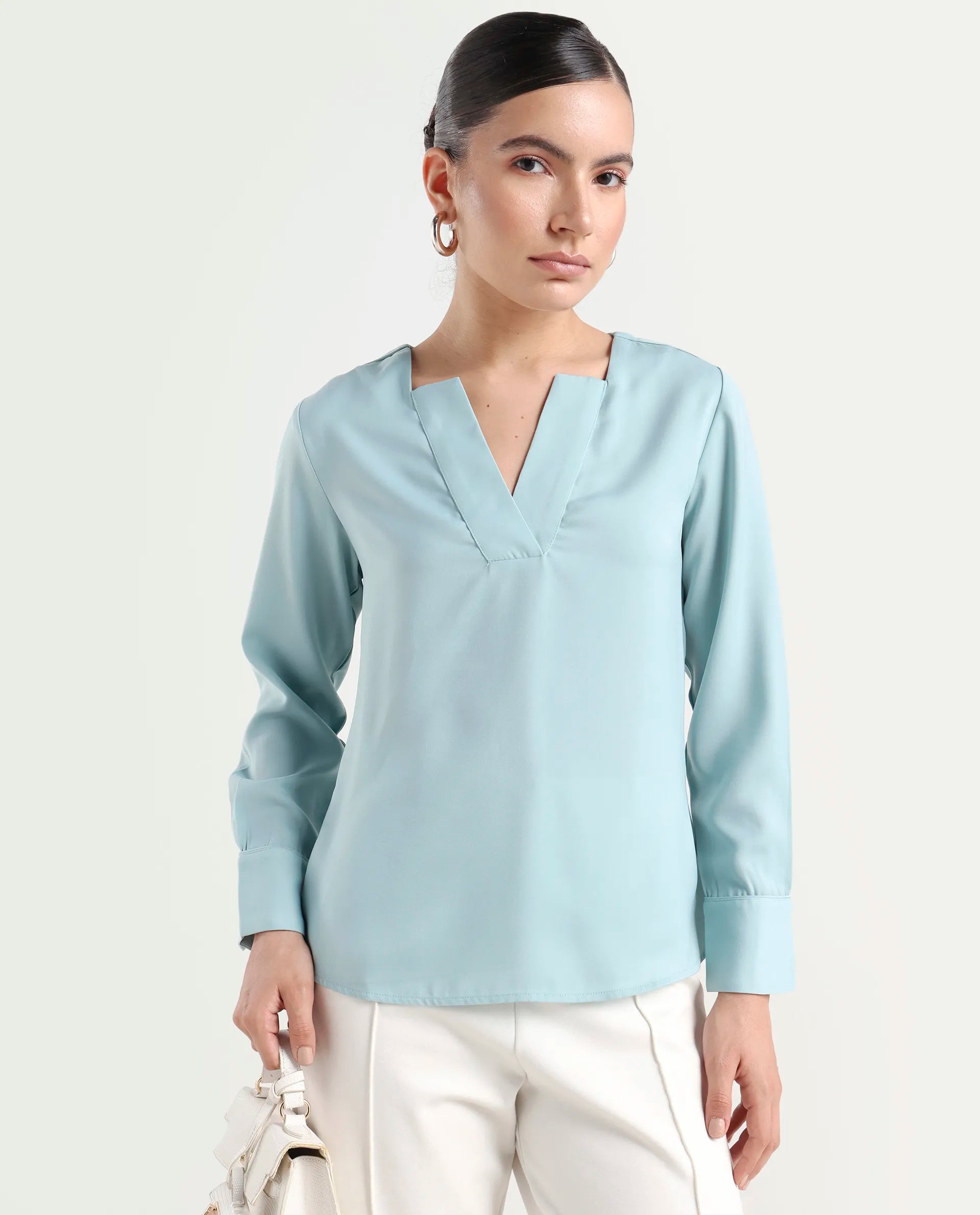 Rareism Women's Shami Light Blue Polyester V-Neck Plain Cuffed Sleeve Regular Fit Top