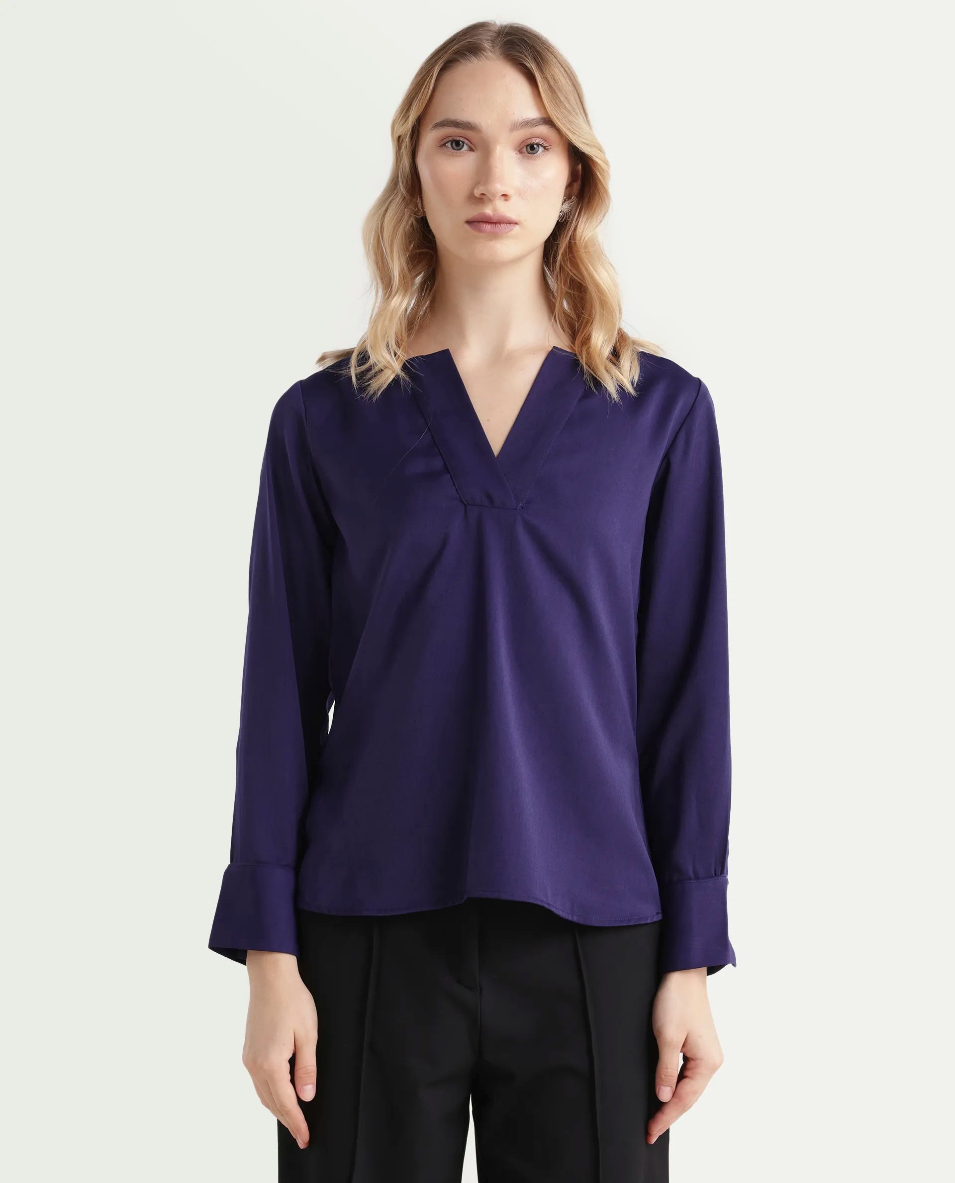 Rareism Women's Shami Navy Polyester V-Neck Plain Cuffed Sleeve Regular Fit Top