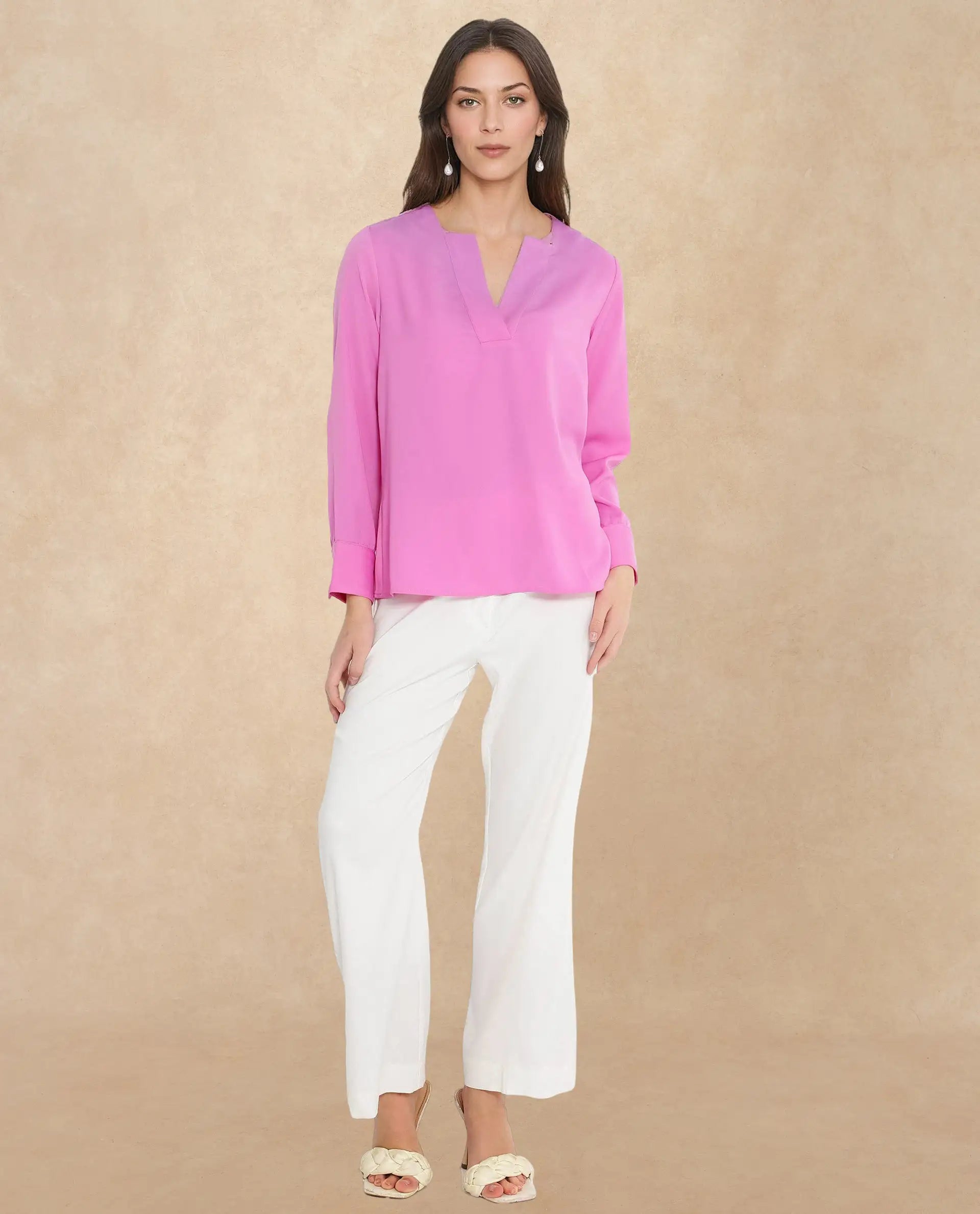 Rareism Women Shami Pink Cuffed Sleeve V-Neck Plain Top