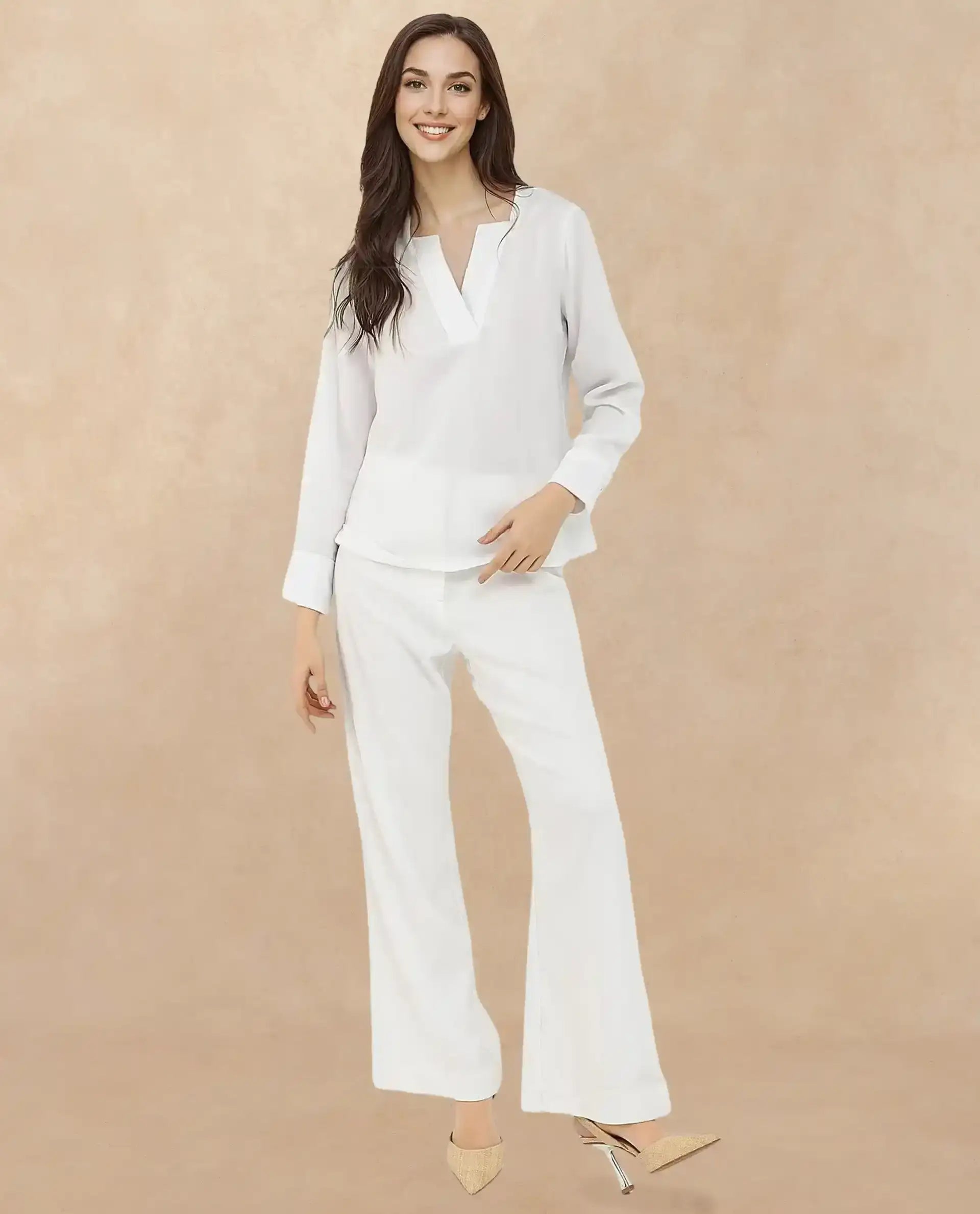 Rareism Women Shamon White Polyester V-Neck Cuffed Sleeve Top