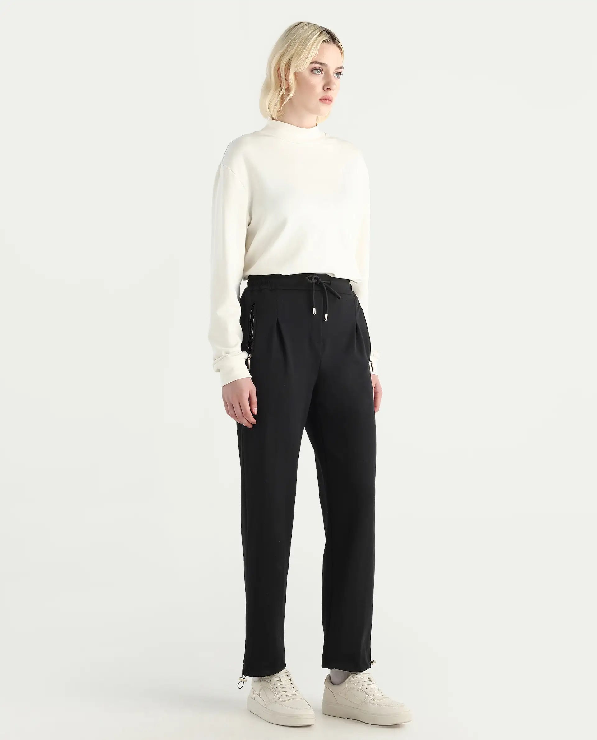 Rareism Women's Shane Black Modal Blend Straight Fit Track Pant
