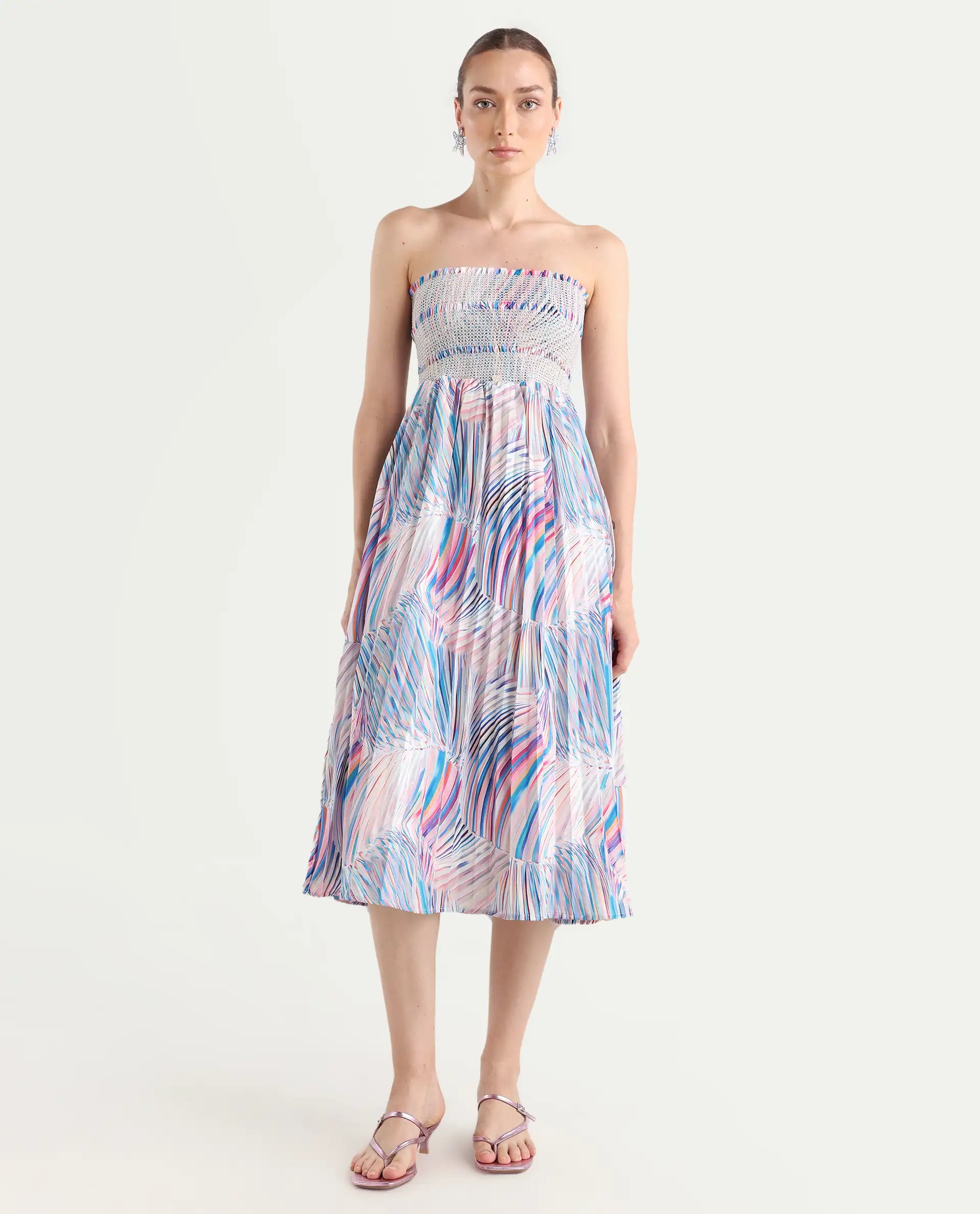 Rareism Women's Shanks Multi Polyester Blend Shoulder Strap Abstract Print Sleeveless Midi Fit And Flare Dress